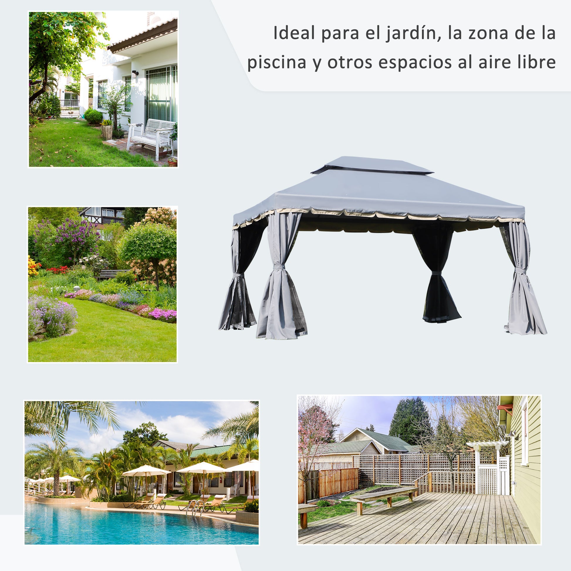 Garden Gazebo 4x3m Aluminum Gazebo with Ventilated Roof, 4 Side Curtains, 4 Mosquito Nets, and 8 Drainage Holes for Outdoor Parties Events Gray