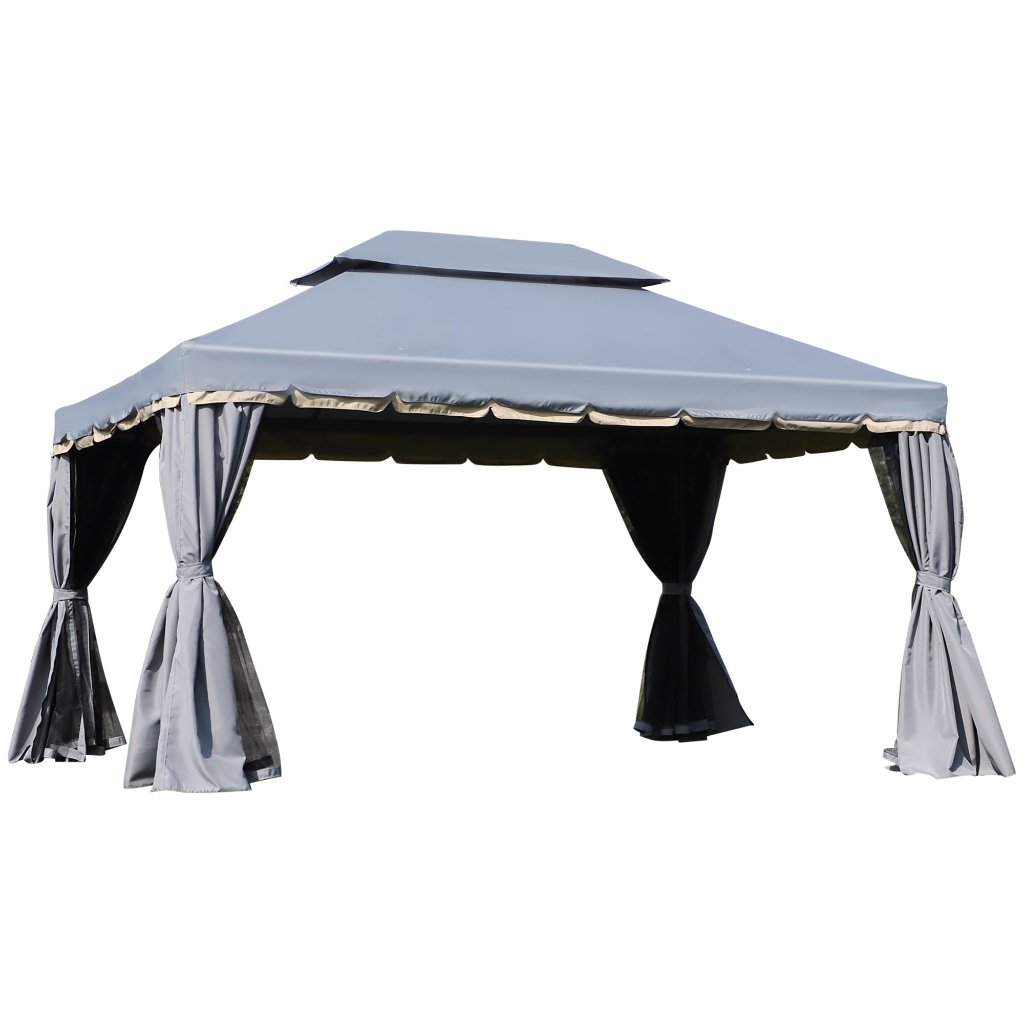 Garden Gazebo 4x3m Aluminum Gazebo with Ventilated Roof, 4 Side Curtains, 4 Mosquito Nets, and 8 Drainage Holes for Outdoor Parties Events Gray