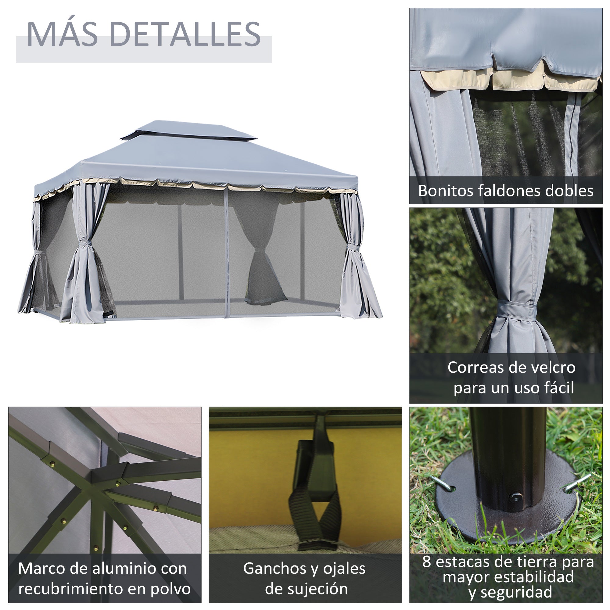 Garden Gazebo 4x3m Aluminum Gazebo with Ventilated Roof, 4 Side Curtains, 4 Mosquito Nets, and 8 Drainage Holes for Outdoor Parties Events Gray