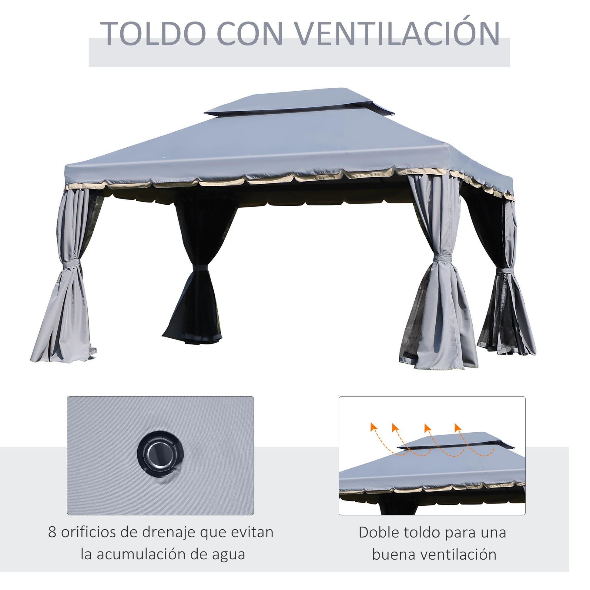 Garden Gazebo 4x3m Aluminum Gazebo with Ventilated Roof, 4 Side Curtains, 4 Mosquito Nets, and 8 Drainage Holes for Outdoor Parties Events Gray