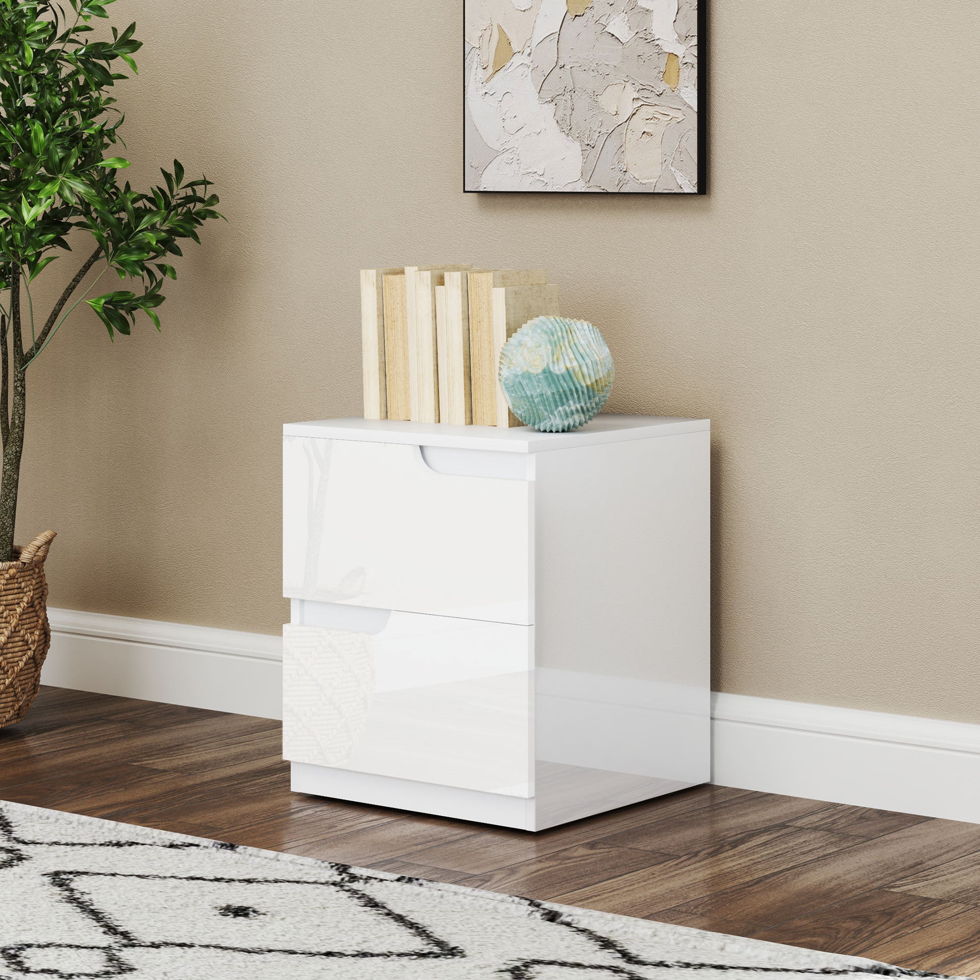 Nightstand Bedside Table with 2 Drawers, Side Table for Living Room, Bedroom, 40 x 40 x 48 cm, High Gloss White