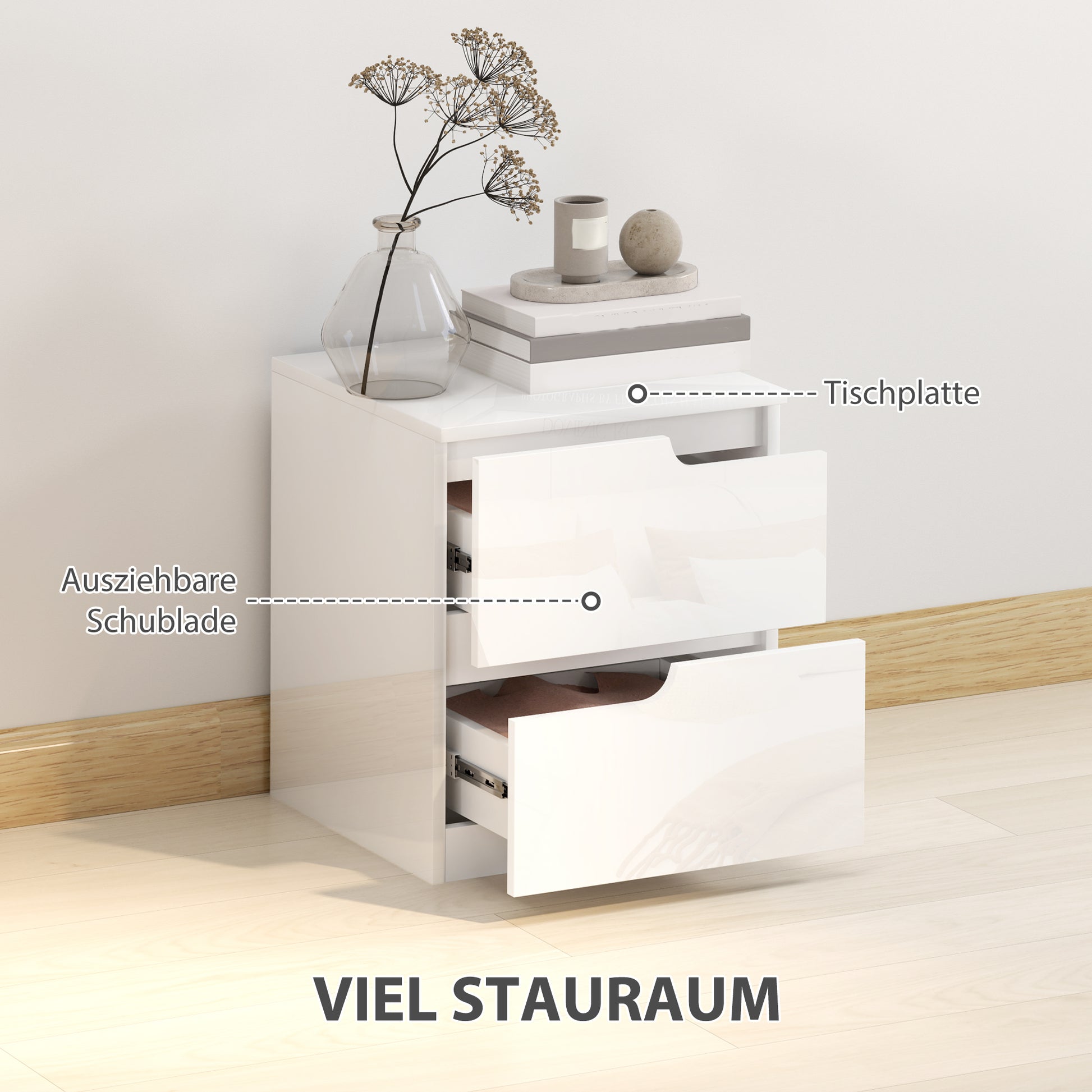 Nightstand Bedside Table with 2 Drawers, Side Table for Living Room, Bedroom, 40 x 40 x 48 cm, High Gloss White