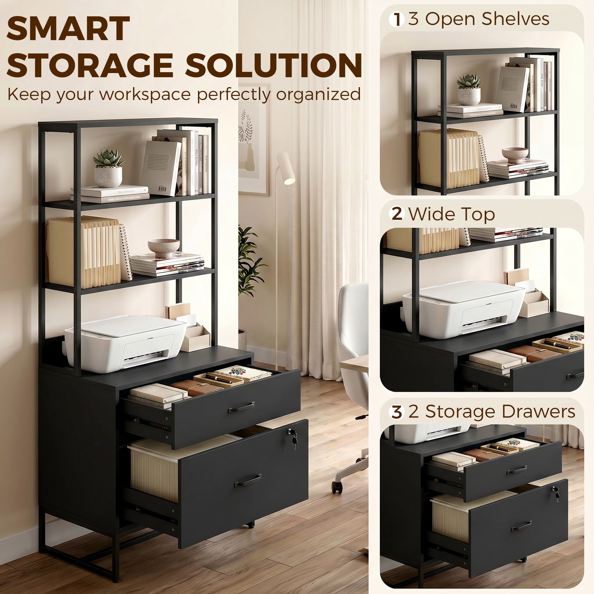 Filing Cabinet Office Storage with Bookshelf for A4, Letter & Legal Files, 2 Drawers, Printer Stand, Black