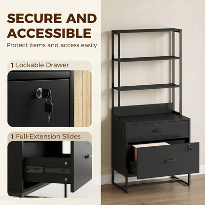 Filing Cabinet Office Storage with Bookshelf for A4, Letter & Legal Files, 2 Drawers, Printer Stand, Black