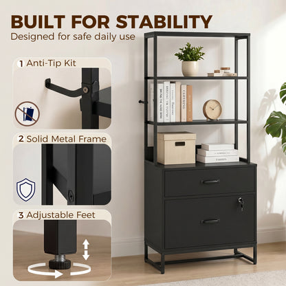 Filing Cabinet Office Storage with Bookshelf for A4, Letter & Legal Files, 2 Drawers, Printer Stand, Black
