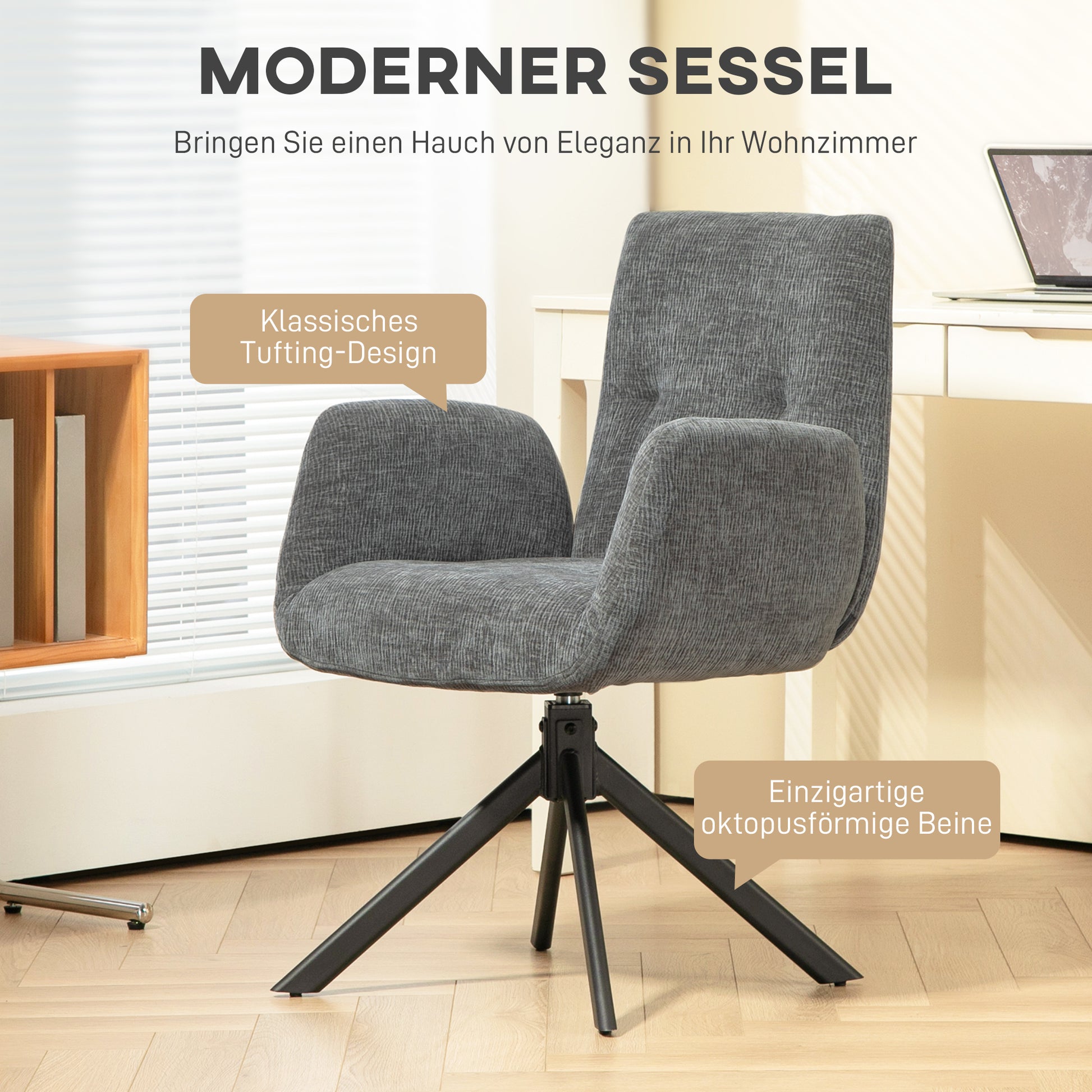 Armchair Swivel Lounge Chair with Armrest, Wool-Linen Look, Modern Upholstered Chair with Button Tufting, Steel Legs, for Living Room, Bedroom, Dark Grey