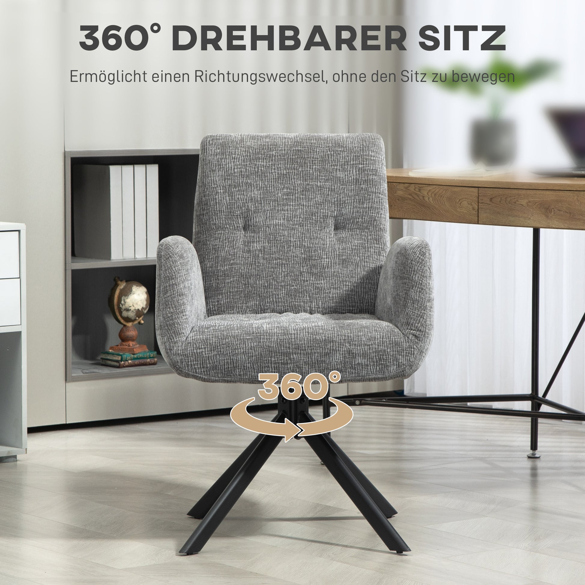 Armchair Swivel Lounge Chair with Armrest, Wool-Linen Look, Modern Upholstered Chair with Button Tufting, Steel Legs, for Living Room, Bedroom, Dark Grey