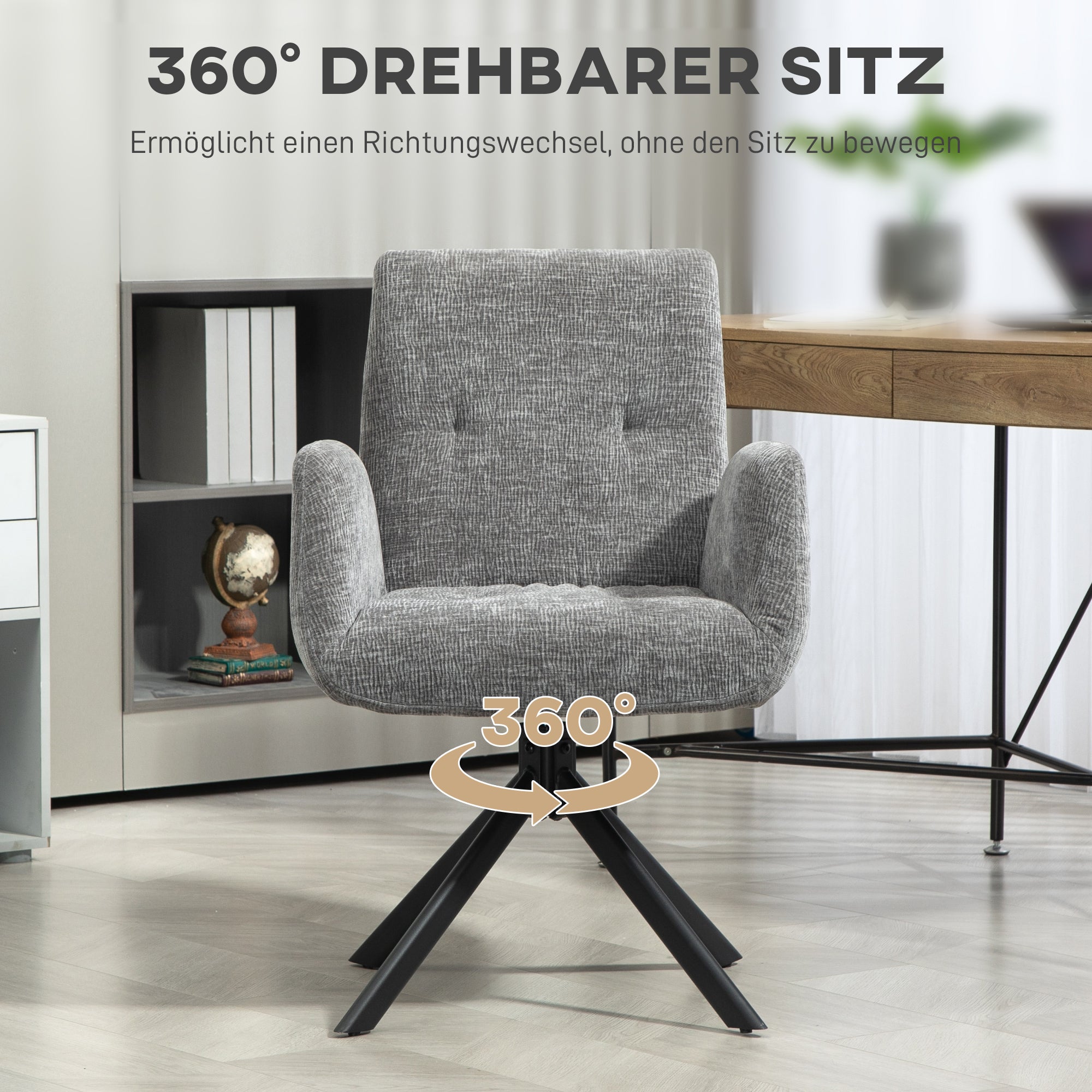 Armchair Swivel Lounge Chair with Armrest, Wool-Linen Look, Modern Upholstered Chair with Button Tufting, Steel Legs, for Living Room, Bedroom, Dark Grey