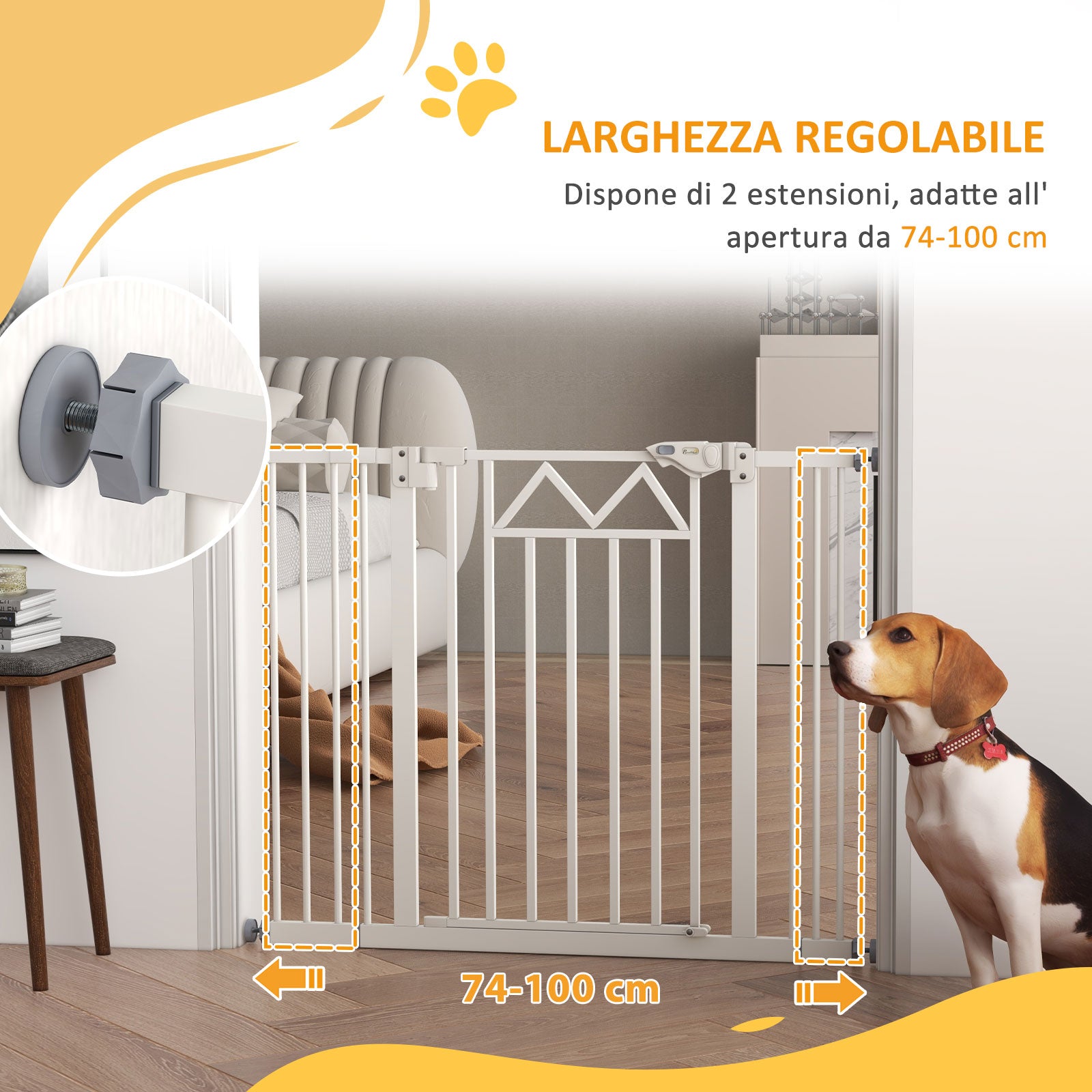 Dog Gate with 4 Adjustable Screws and Adhesive Tape, Metal and Plastic Safety Gate, 74-100x76cm, White