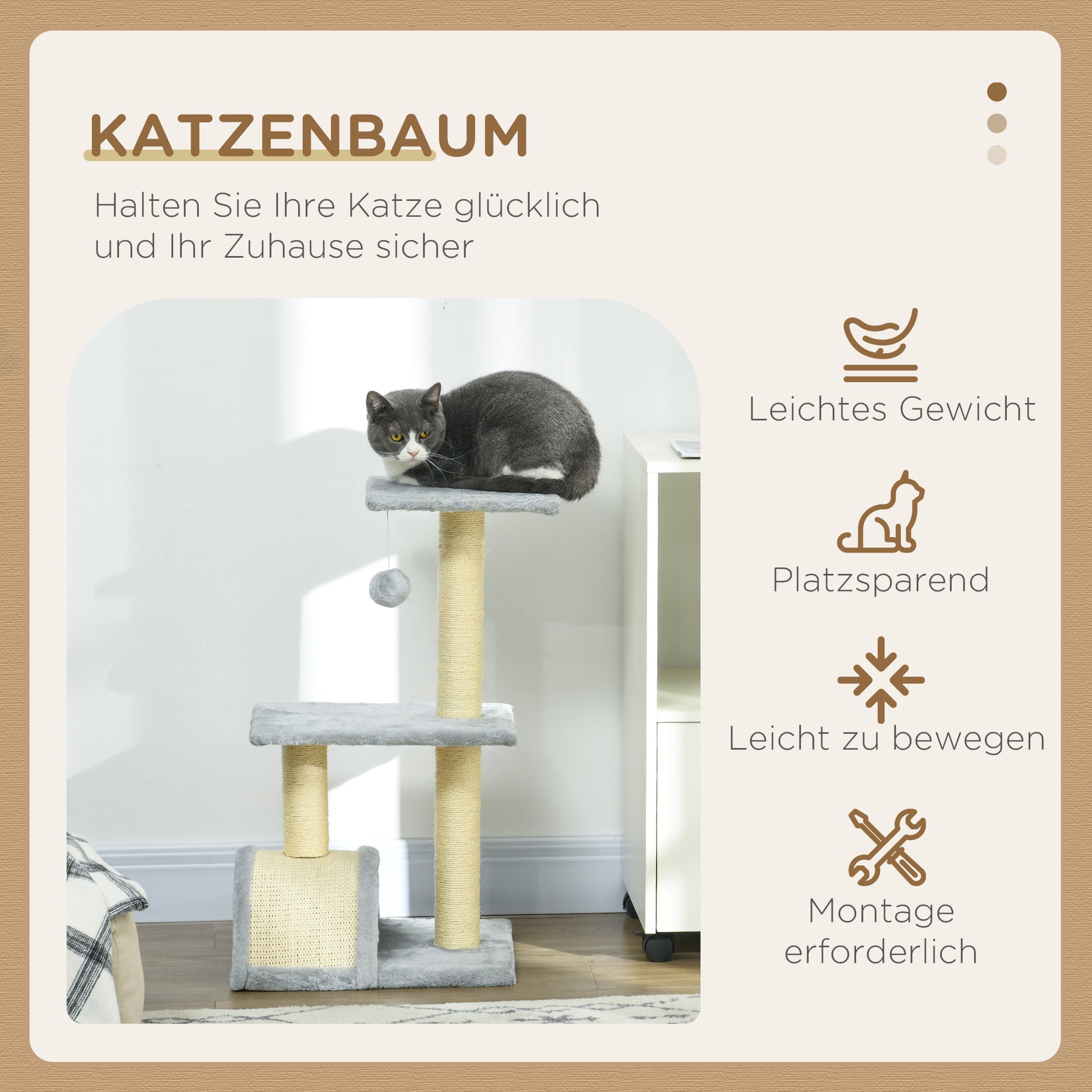 72 cm Cat Tower with Plush Balls, Sisal Posts, Platform, Scratching Pad Multi-Level Cat Tree, Climbing Tree, for Medium-Sized Cats, Light Gray