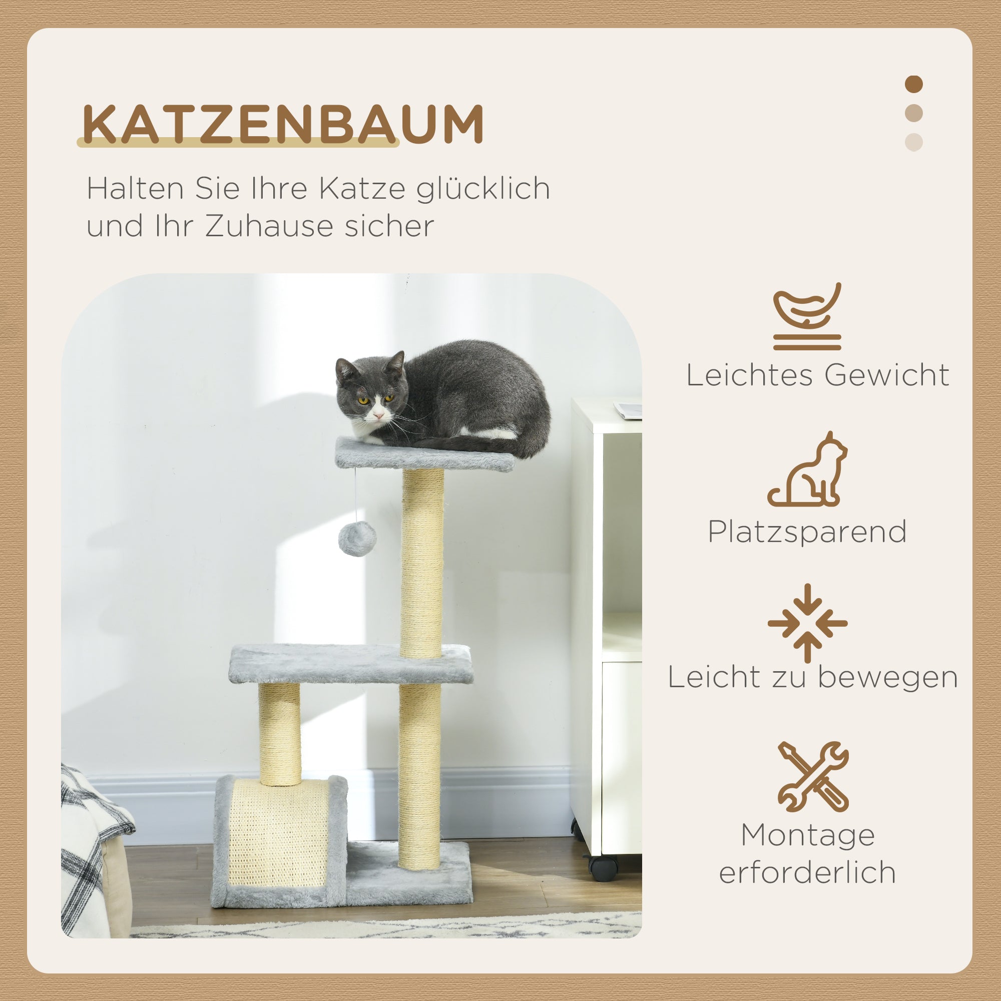72 cm Cat Tower with Plush Balls, Sisal Posts, Platform, Scratching Pad Multi-Level Cat Tree, Climbing Tree, for Medium-Sized Cats, Light Gray