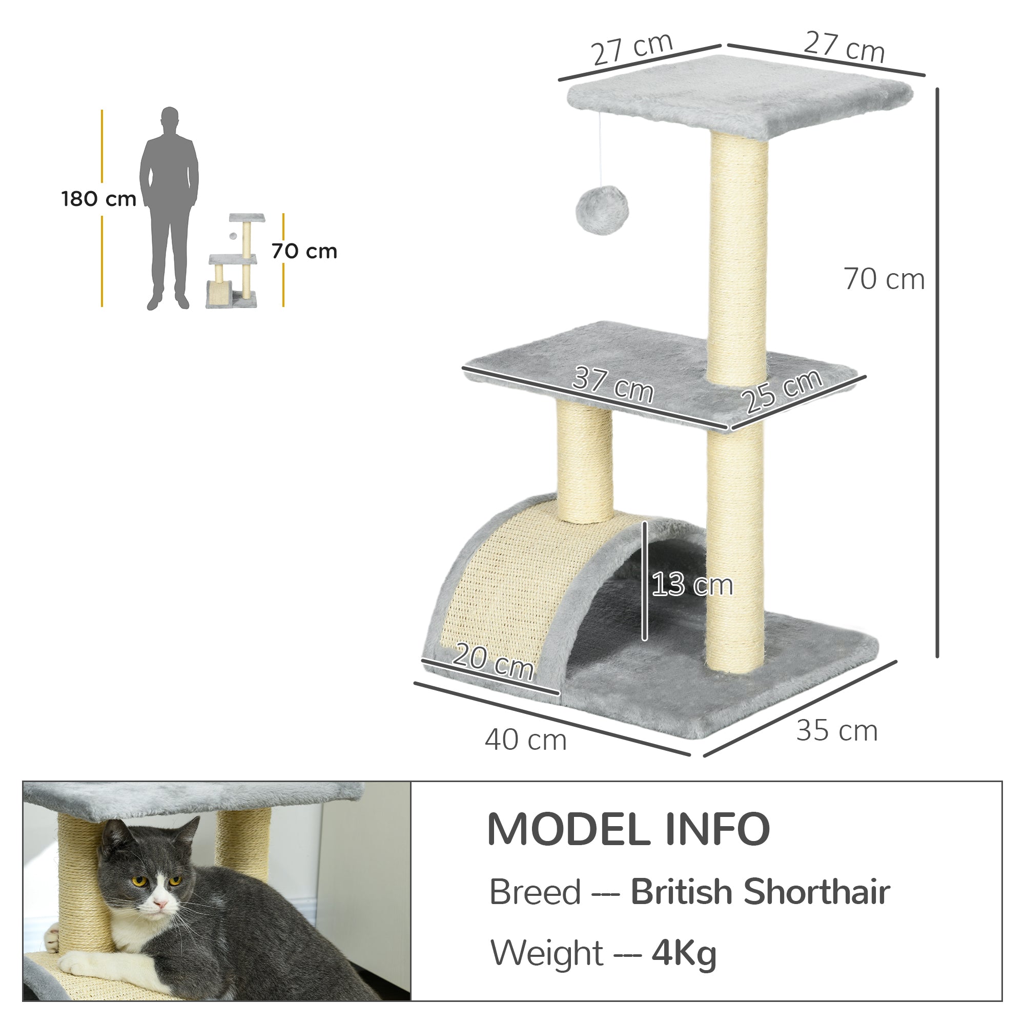 72 cm Cat Tower with Plush Balls, Sisal Posts, Platform, Scratching Pad Multi-Level Cat Tree, Climbing Tree, for Medium-Sized Cats, Light Gray
