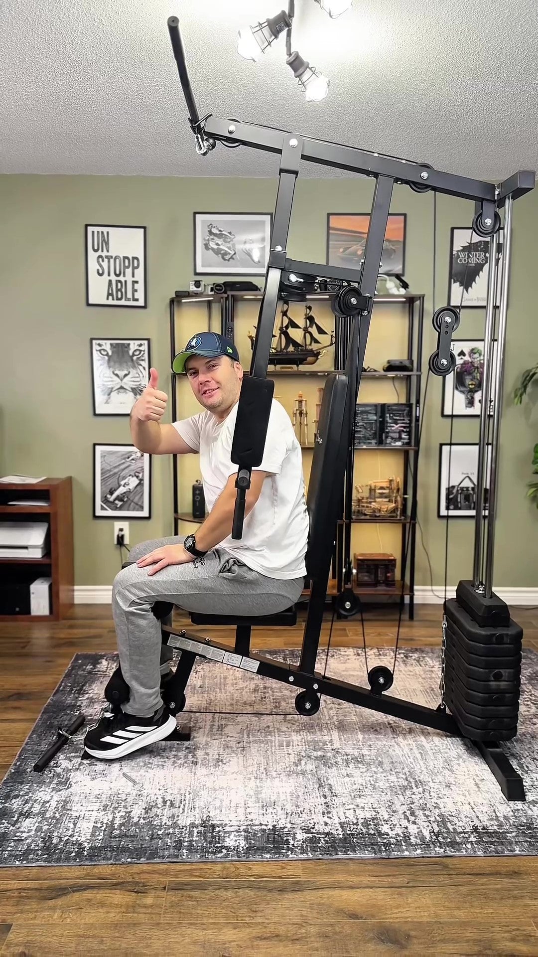 Home gym equipment in a room with shelves and decor
