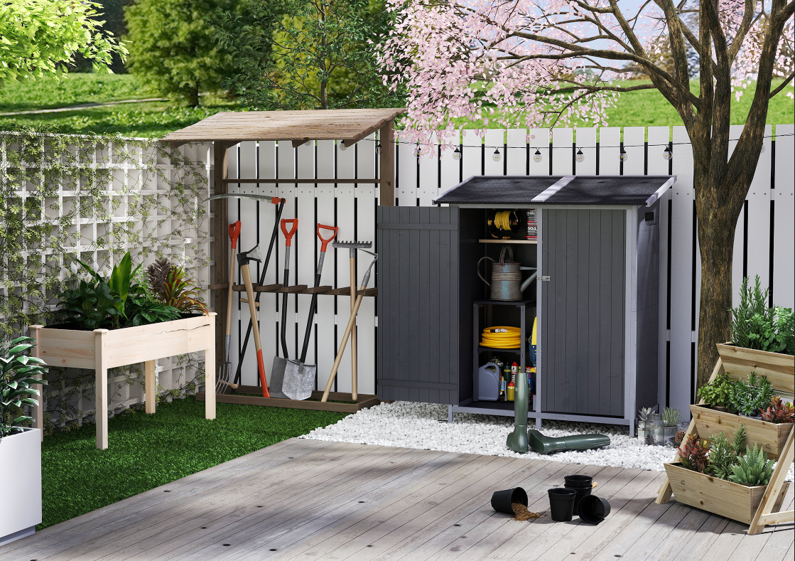 Outdoor storage shed with gardening tools and plants in a garden setting