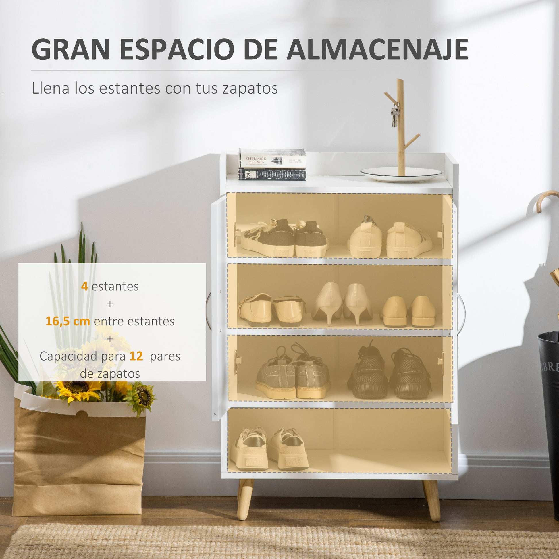 Modern 2-Door Shoe Cabinet with 4 Shelves for 12 Pairs of Shoes, Ideal for Entryway Living Room Bedroom 60x30x92 cm White