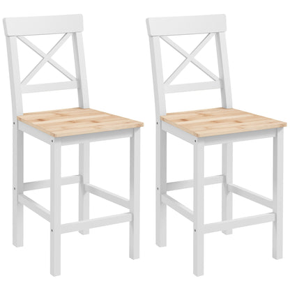 Set of 2 Bar Stools Seat Height 60.2 cm Wood Kitchen Stools with Backrest and Footrest Load 120 kg for Dining Room Living Room Natural and White