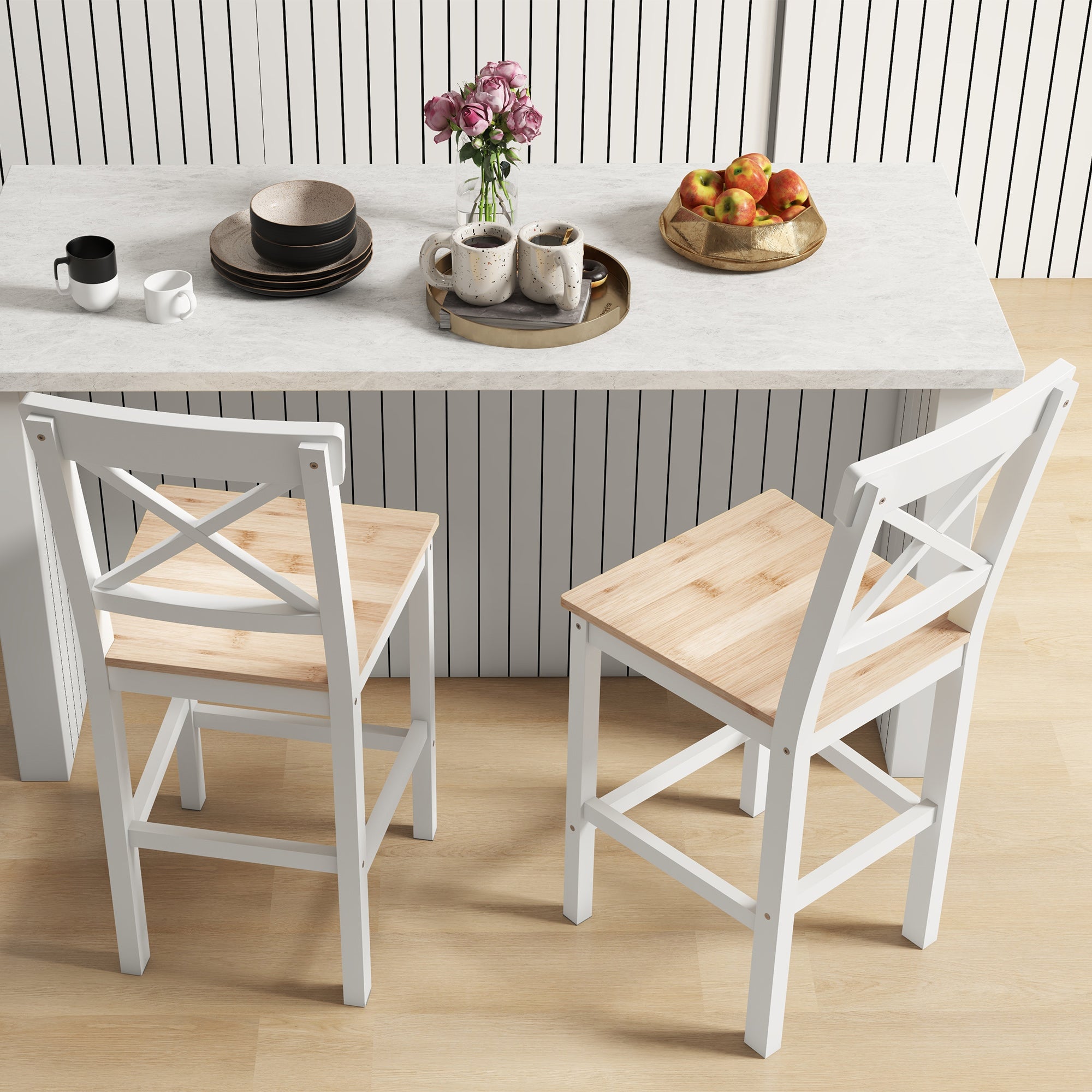Set of 2 Bar Stools Seat Height 60.2 cm Wood Kitchen Stools with Backrest and Footrest Load 120 kg for Dining Room Living Room Natural and White