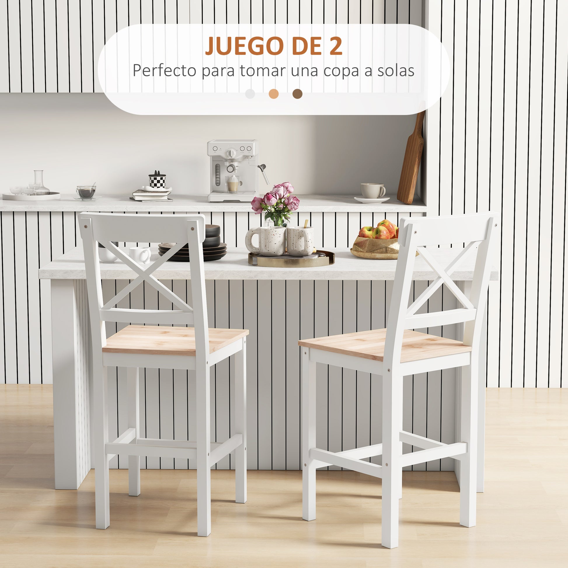Set of 2 Bar Stools Seat Height 60.2 cm Wood Kitchen Stools with Backrest and Footrest Load 120 kg for Dining Room Living Room Natural and White