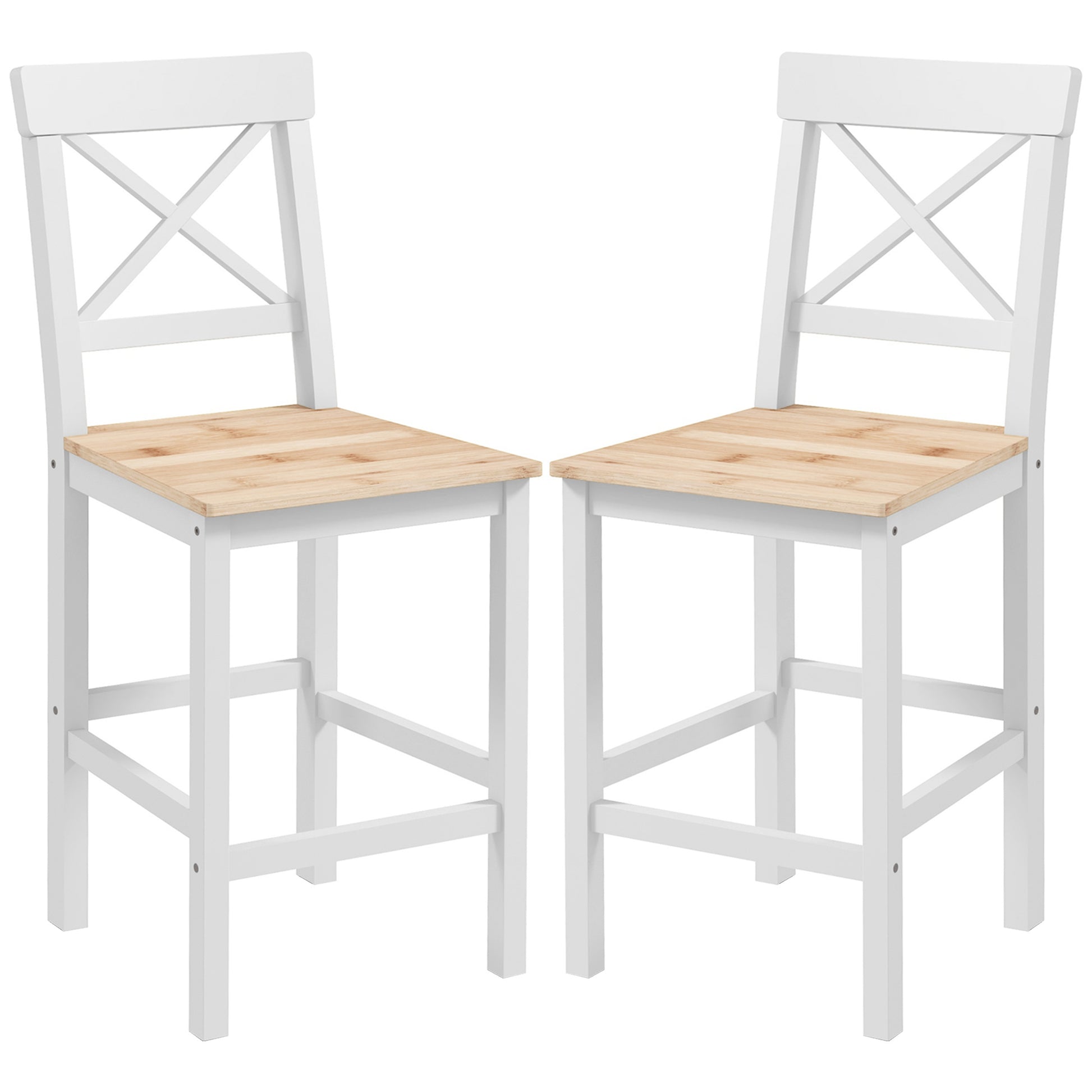 Set of 2 Bar Stools Seat Height 60.2 cm Wood Kitchen Stools with Backrest and Footrest Load 120 kg for Dining Room Living Room Natural and White