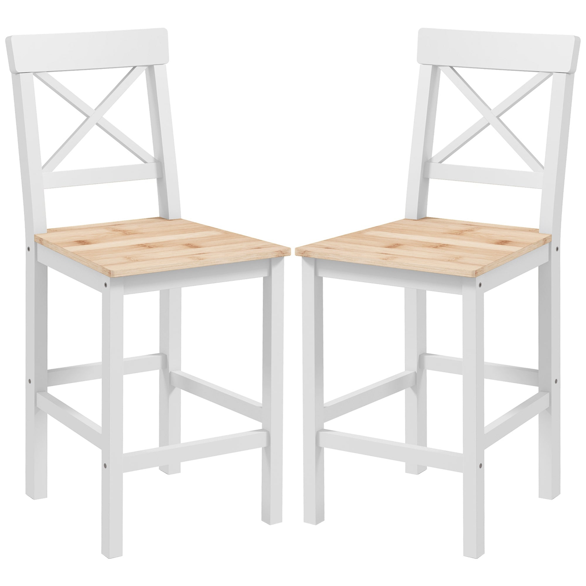 Set of 2 Bar Stools Seat Height 60.2 cm Wood Kitchen Stools with Backrest and Footrest Load 120 kg for Dining Room Living Room Natural and White
