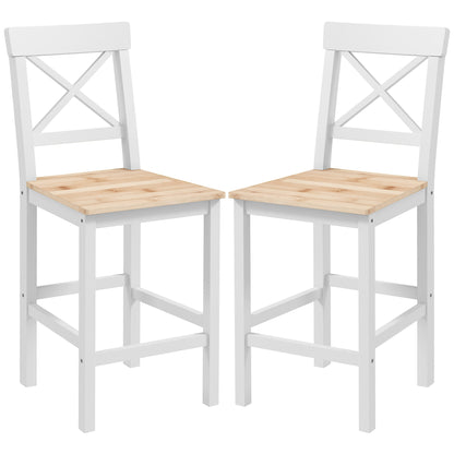 Set of 2 Bar Stools Seat Height 60.2 cm Wood Kitchen Stools with Backrest and Footrest Load 120 kg for Dining Room Living Room Natural and White