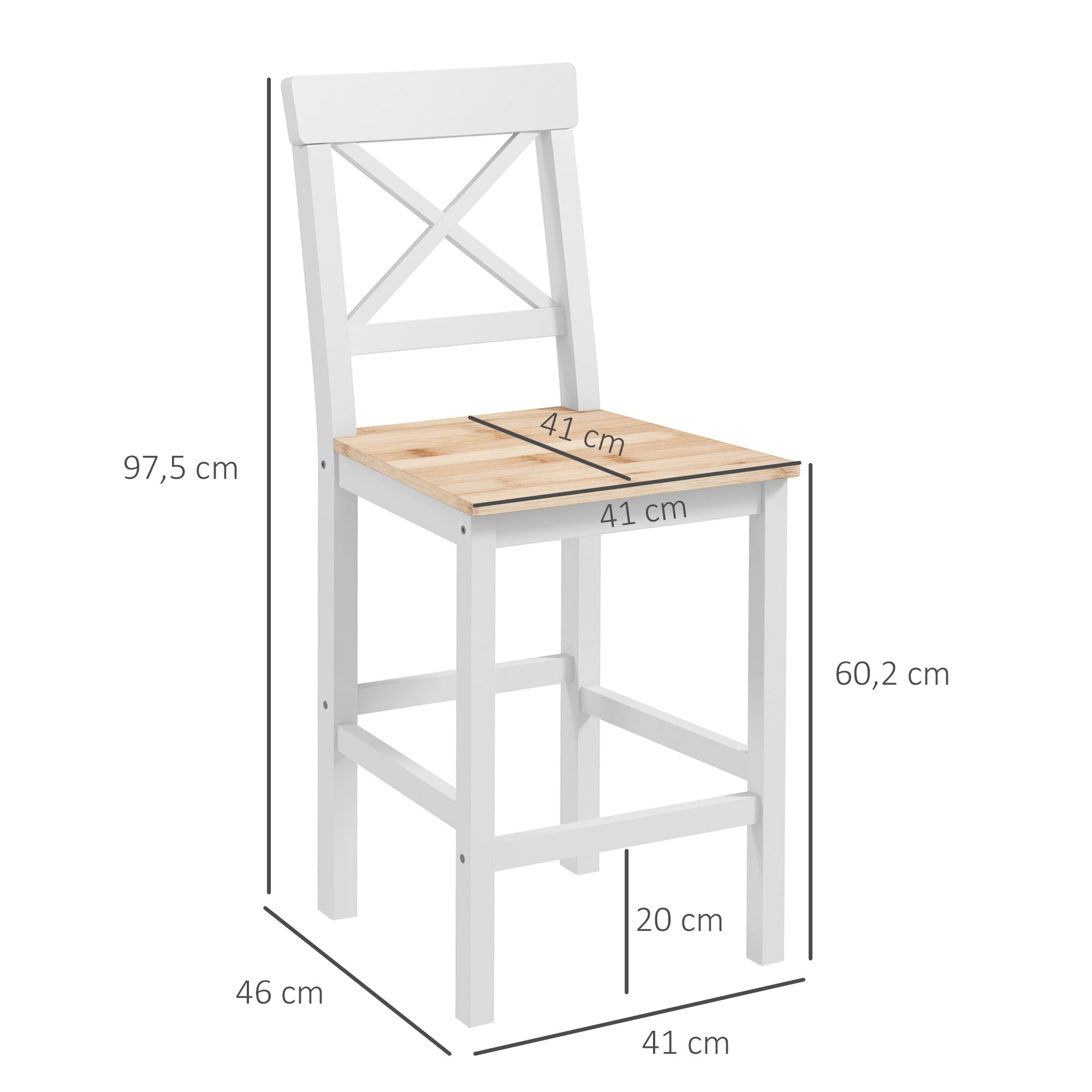 Set of 2 Bar Stools Seat Height 60.2 cm Wood Kitchen Stools with Backrest and Footrest Load 120 kg for Dining Room Living Room Natural and White