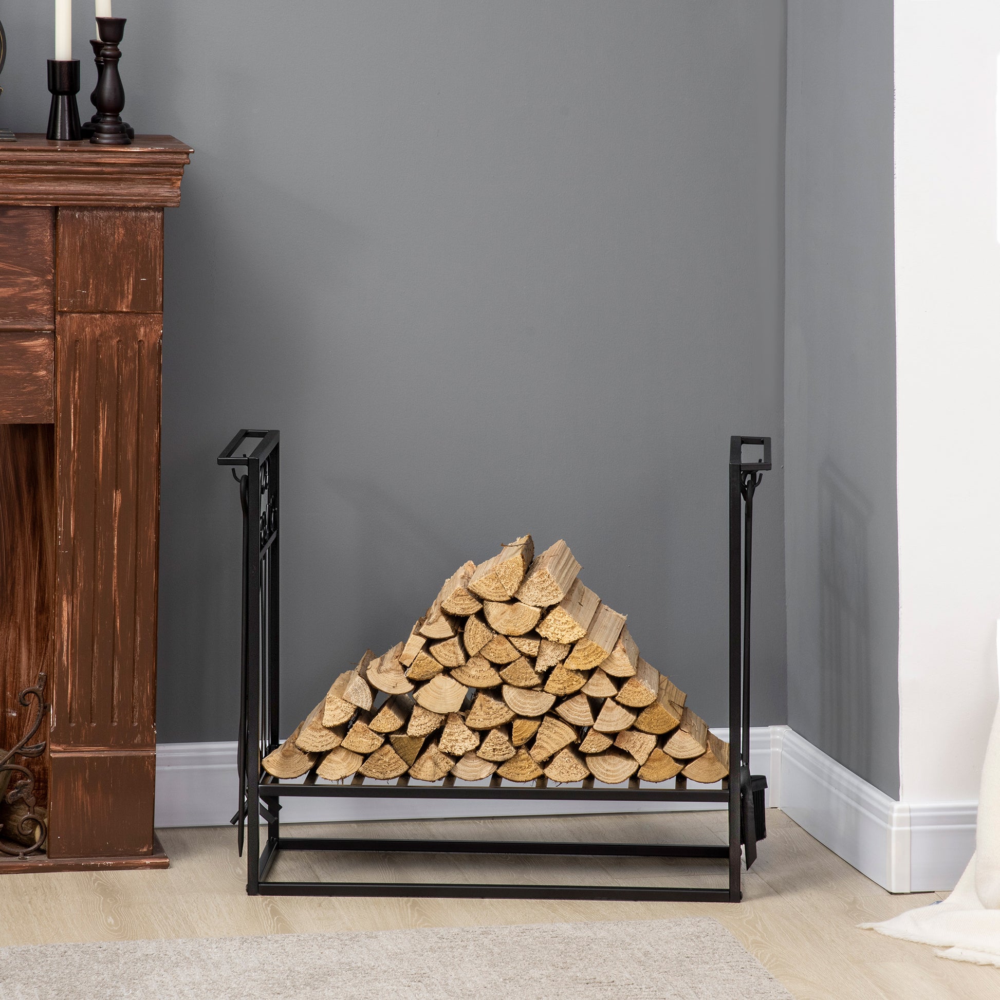 Firewood Stand with Fireplace Tools, Wood Rack, Firewood Storage, Fireplace Tool Set, Steel Black 75 x 30 x 60 cm