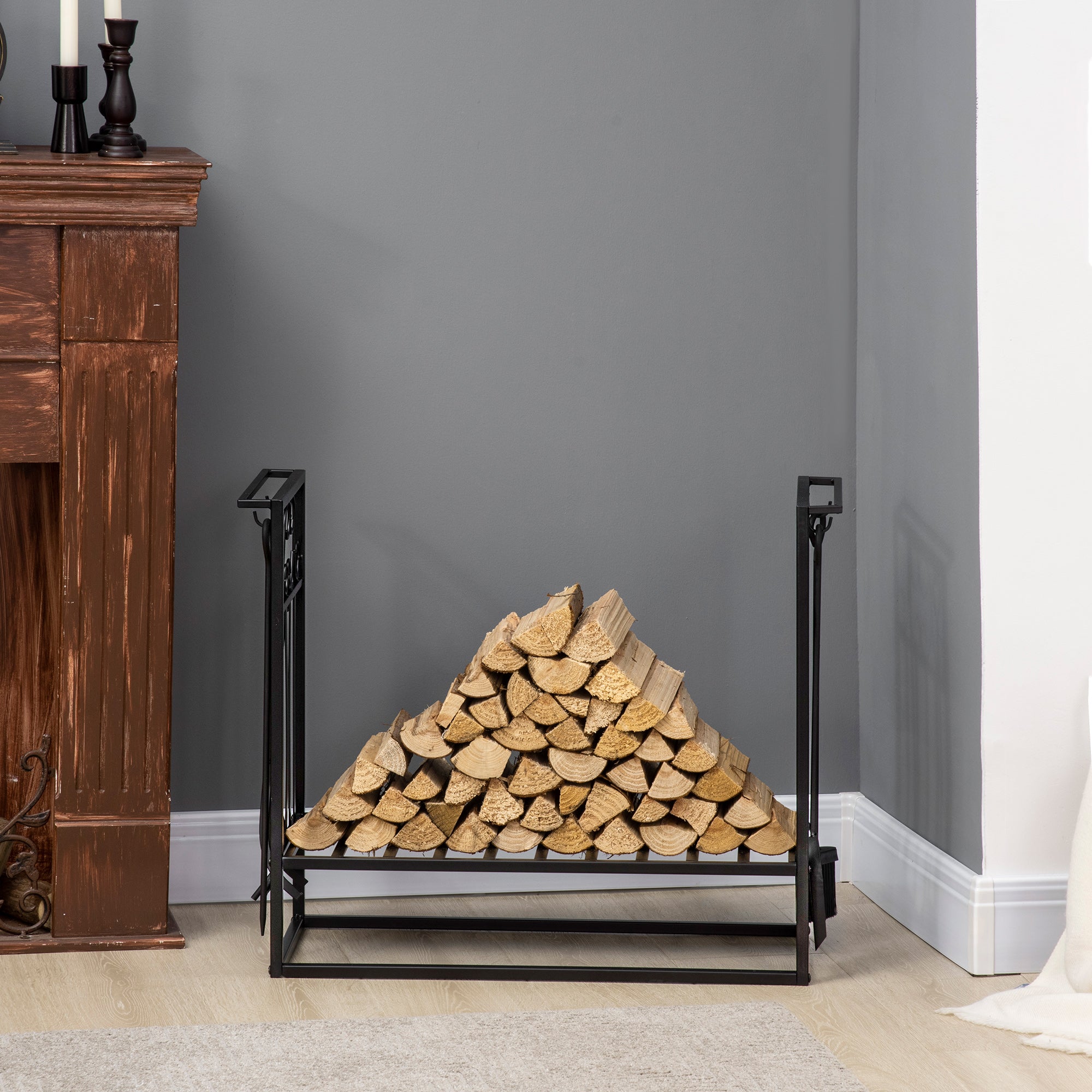 Firewood Stand with Fireplace Tools, Wood Rack, Firewood Storage, Fireplace Tool Set, Steel Black 75 x 30 x 60 cm