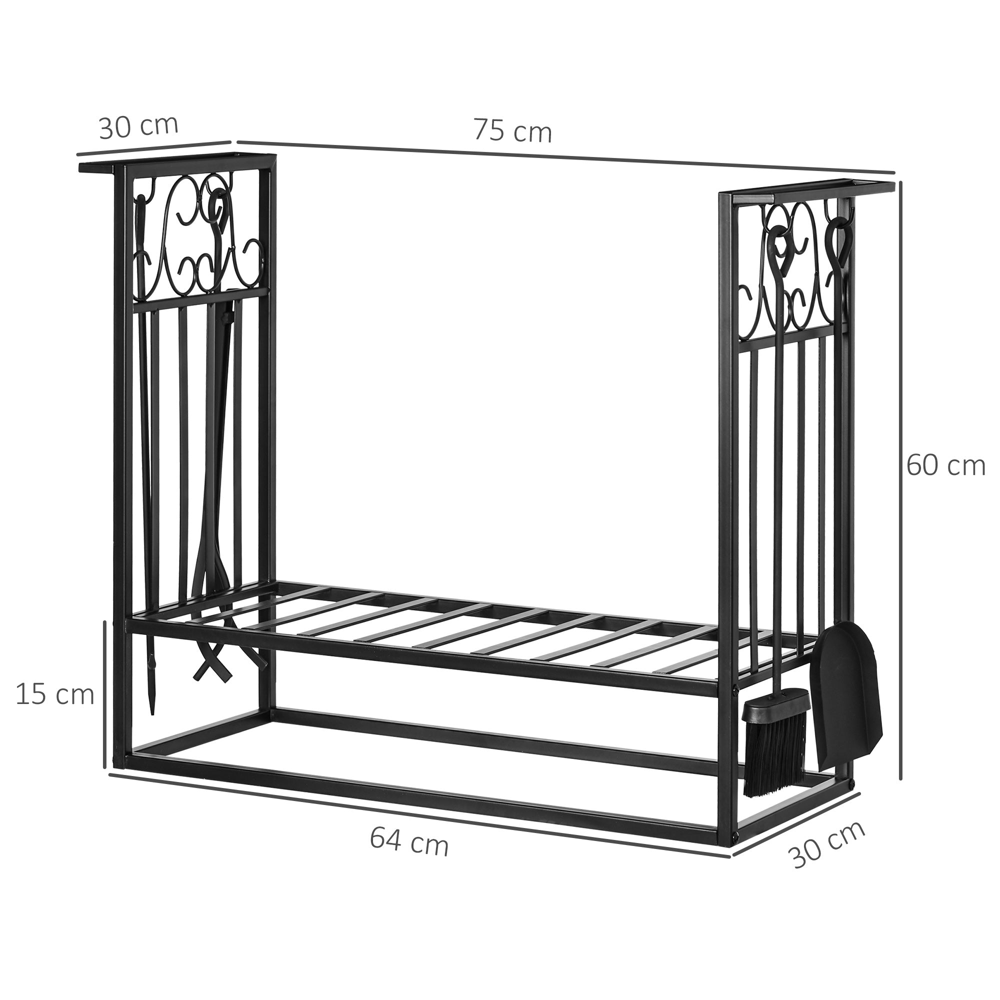 Firewood Stand with Fireplace Tools, Wood Rack, Firewood Storage, Fireplace Tool Set, Steel Black 75 x 30 x 60 cm