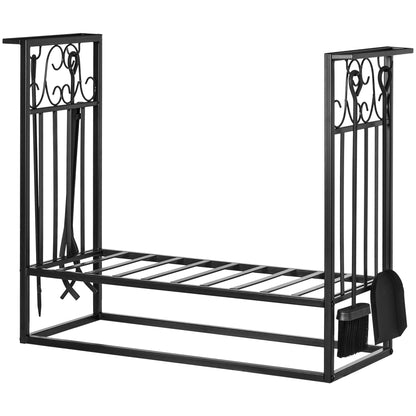 Firewood Stand with Fireplace Tools, Wood Rack, Firewood Storage, Fireplace Tool Set, Steel Black 75 x 30 x 60 cm