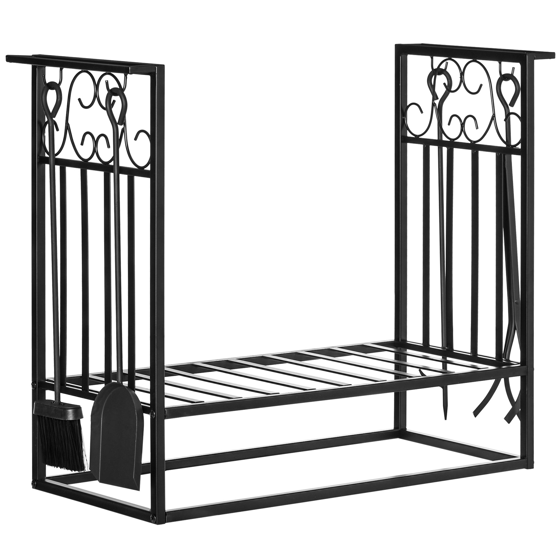 Firewood Stand with Fireplace Tools, Wood Rack, Firewood Storage, Fireplace Tool Set, Steel Black 75 x 30 x 60 cm