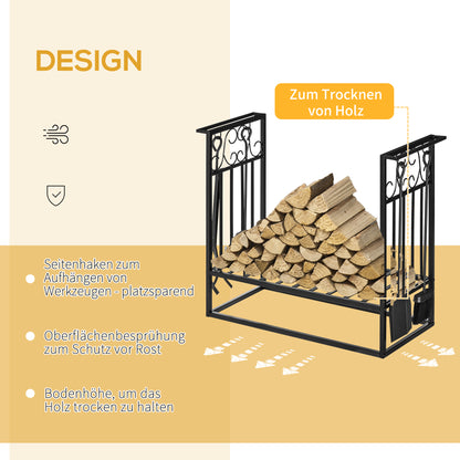 Firewood Stand with Fireplace Tools, Wood Rack, Firewood Storage, Fireplace Tool Set, Steel Black 75 x 30 x 60 cm