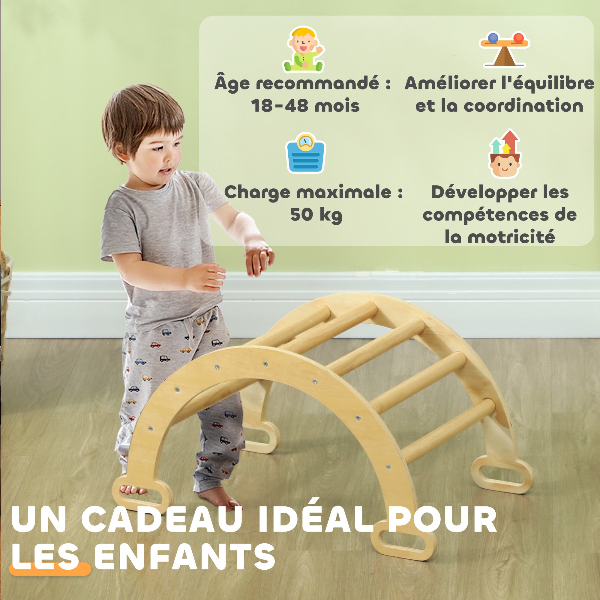 Kids Climbing Arch, Baby Arch, Baby Motor Skills Course, Indoor Wooden Rocking Play Area for Boys & Girls, Toddlers 18-48 Months, Natural Wood Finish
