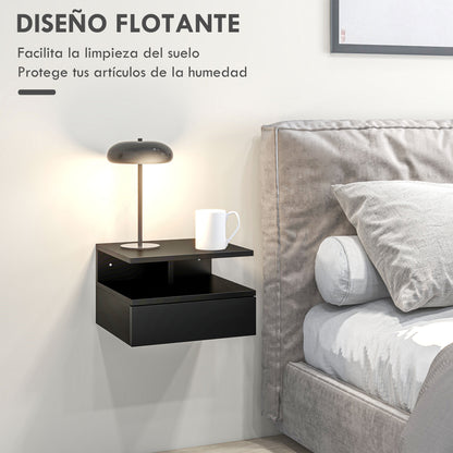 Set of 2 Floating Bedside Tables Hanging Bedside Tables with 1 Drawer and Open Shelf for Bedroom 35x32x22.5 cm Black