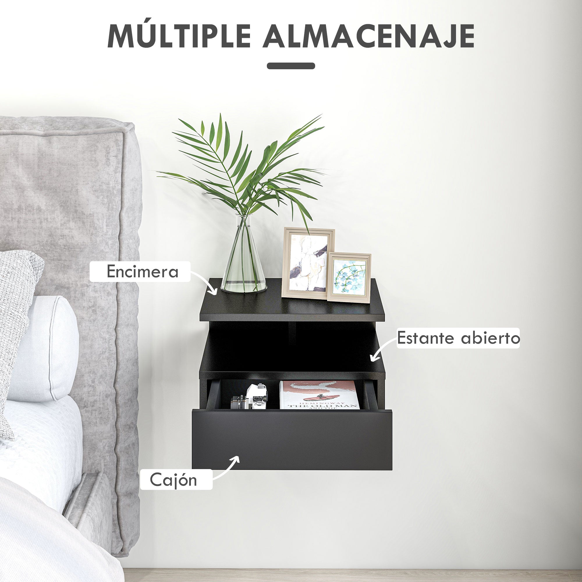 Set of 2 Floating Bedside Tables Hanging Bedside Tables with 1 Drawer and Open Shelf for Bedroom 35x32x22.5 cm Black