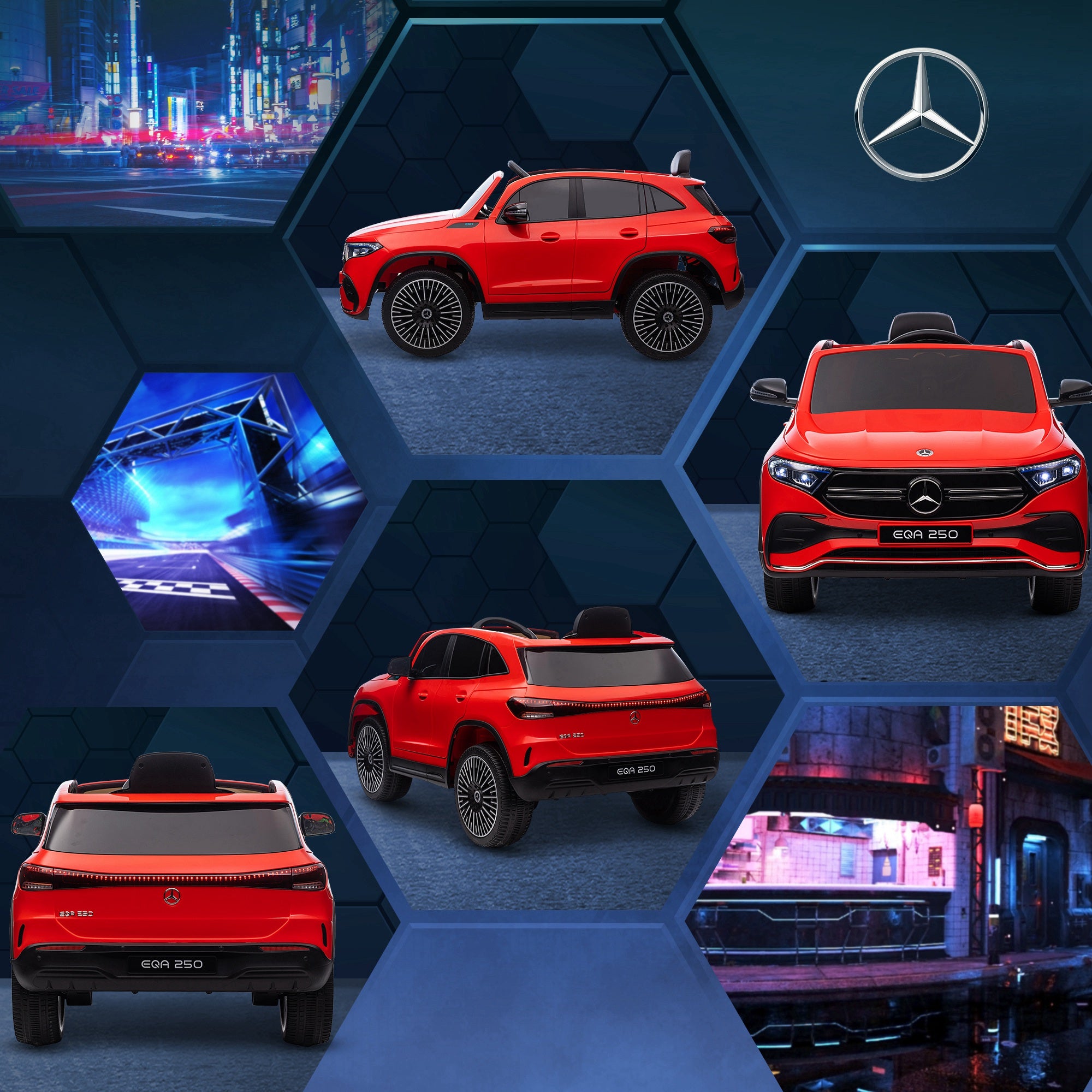 Kids Electric Car 3-8 Years with Mercedes Benz EQA 12V License, Remote Control, Headlights and Horn, 111.5x69x52.5 cm, Red and Black