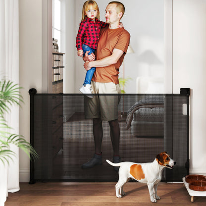 Retractable Dog Gate 0-144 cm Small Dog Door Expandable Pet Safety Barrier with Locking Switch for Stairs Doors Hallways Black