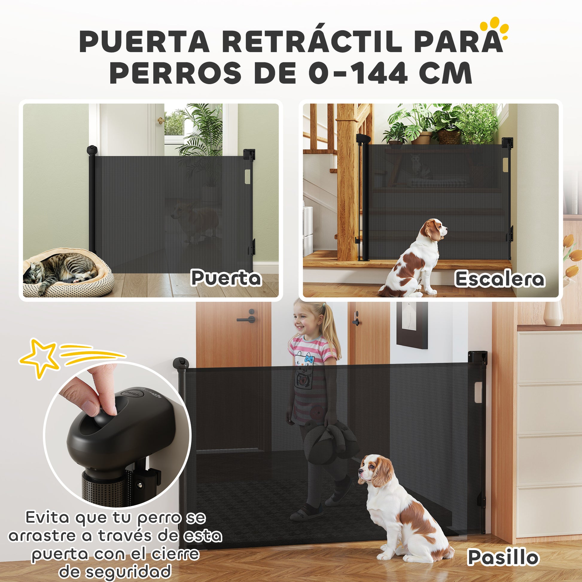 Retractable Dog Gate 0-144 cm Small Dog Door Expandable Pet Safety Barrier with Locking Switch for Stairs Doors Hallways Black