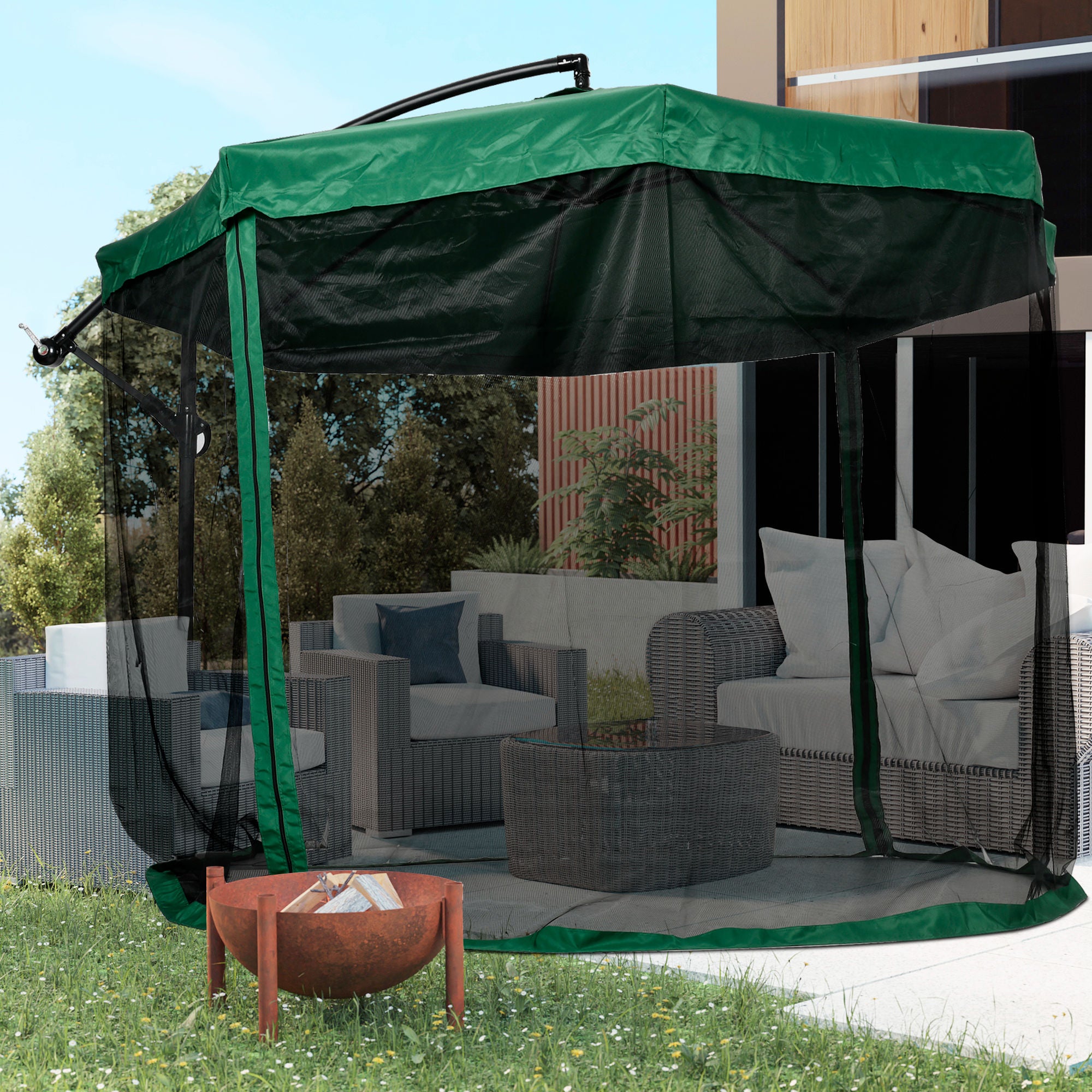 Offset Octagonal Umbrella 360 ° Rotating Crank with Mosquito Net and Cross Base Ø 295 x 242H cm - Green