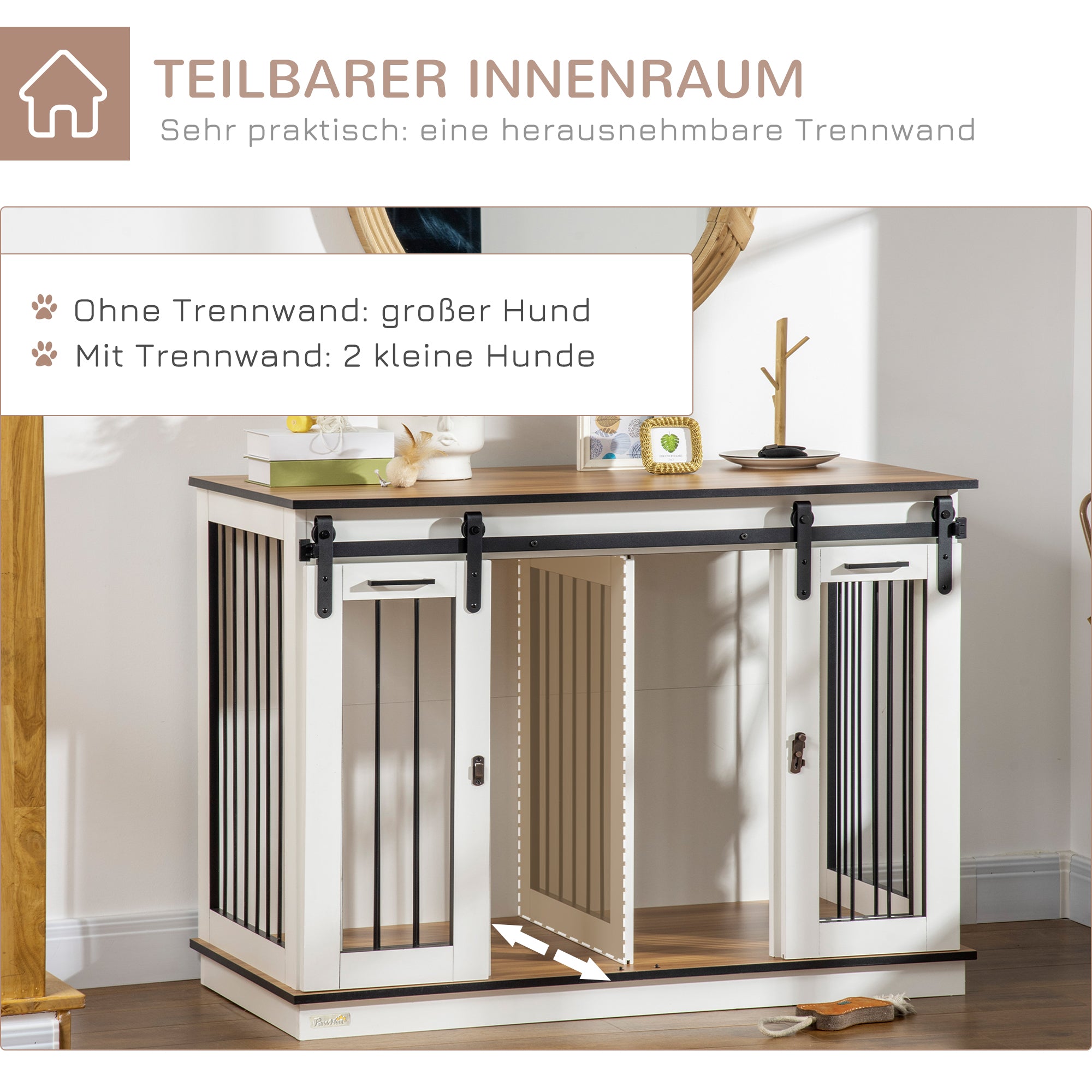 Dog Crate Furniture with Two-Room Option, 2 Doors Modern Metal Dog Box for Indoor Home Dog House for Large Dogs up to 30 kg Dog House 120 x 60 x 88.5 cm White