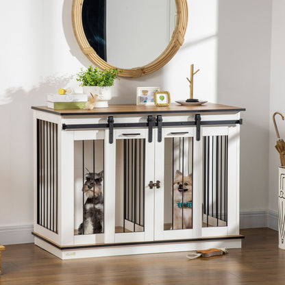 Dog Crate Furniture with Two-Room Option, 2 Doors Modern Metal Dog Box for Indoor Home Dog House for Large Dogs up to 30 kg Dog House 120 x 60 x 88.5 cm White