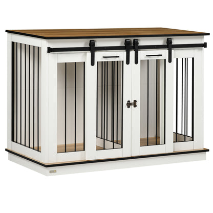 Dog Crate Furniture with Two-Room Option, 2 Doors Modern Metal Dog Box for Indoor Home Dog House for Large Dogs up to 30 kg Dog House 120 x 60 x 88.5 cm White