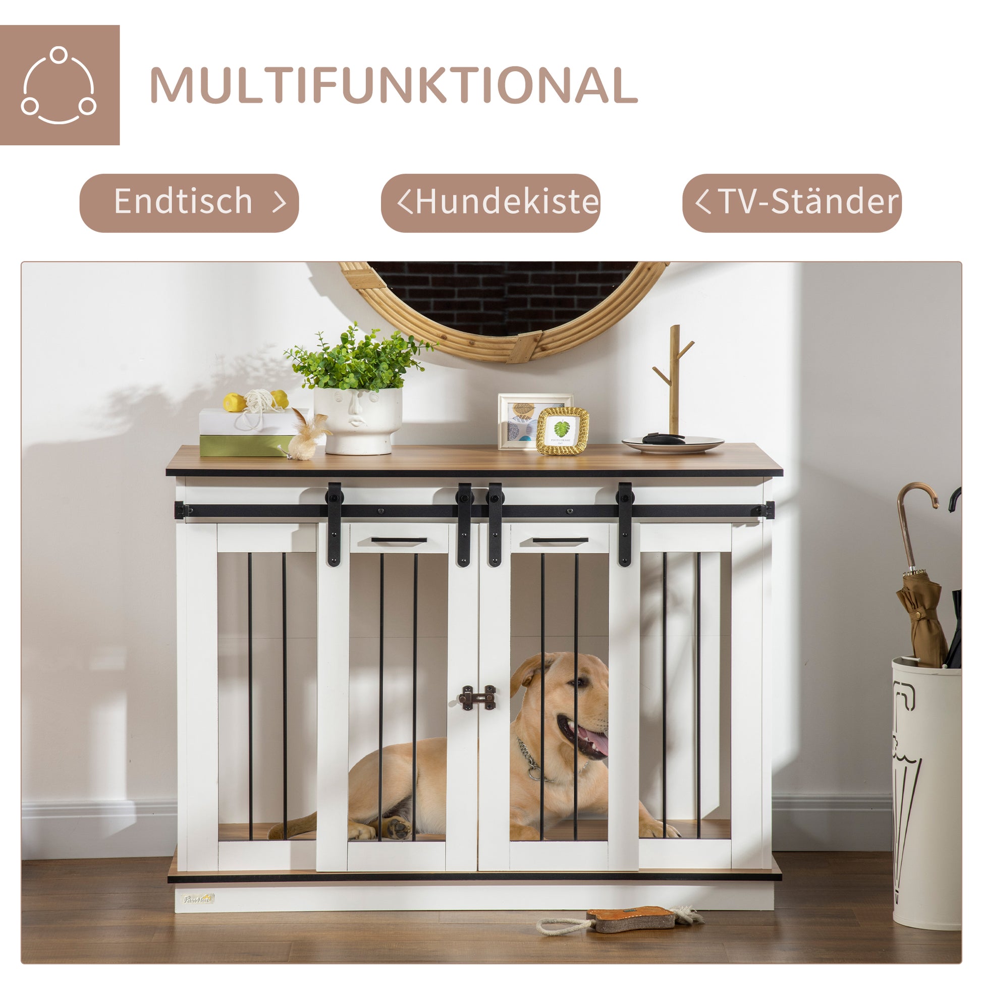 Dog Crate Furniture with Two-Room Option, 2 Doors Modern Metal Dog Box for Indoor Home Dog House for Large Dogs up to 30 kg Dog House 120 x 60 x 88.5 cm White