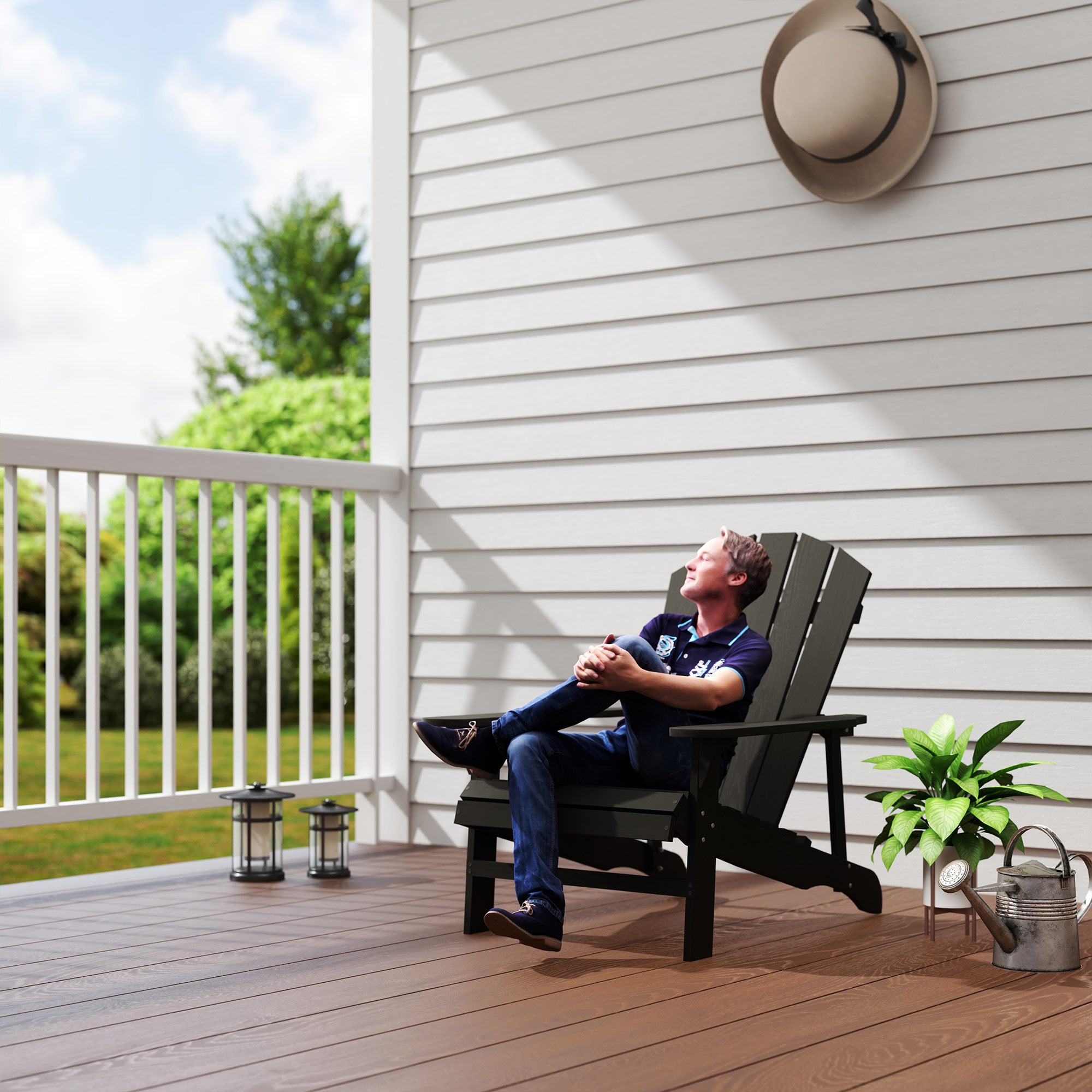 Weather-Resistant Wooden Adirondack Chair for Outdoors — High Back Garden Chair with Wide Armrests, Black, 31 x 35 x 35 in