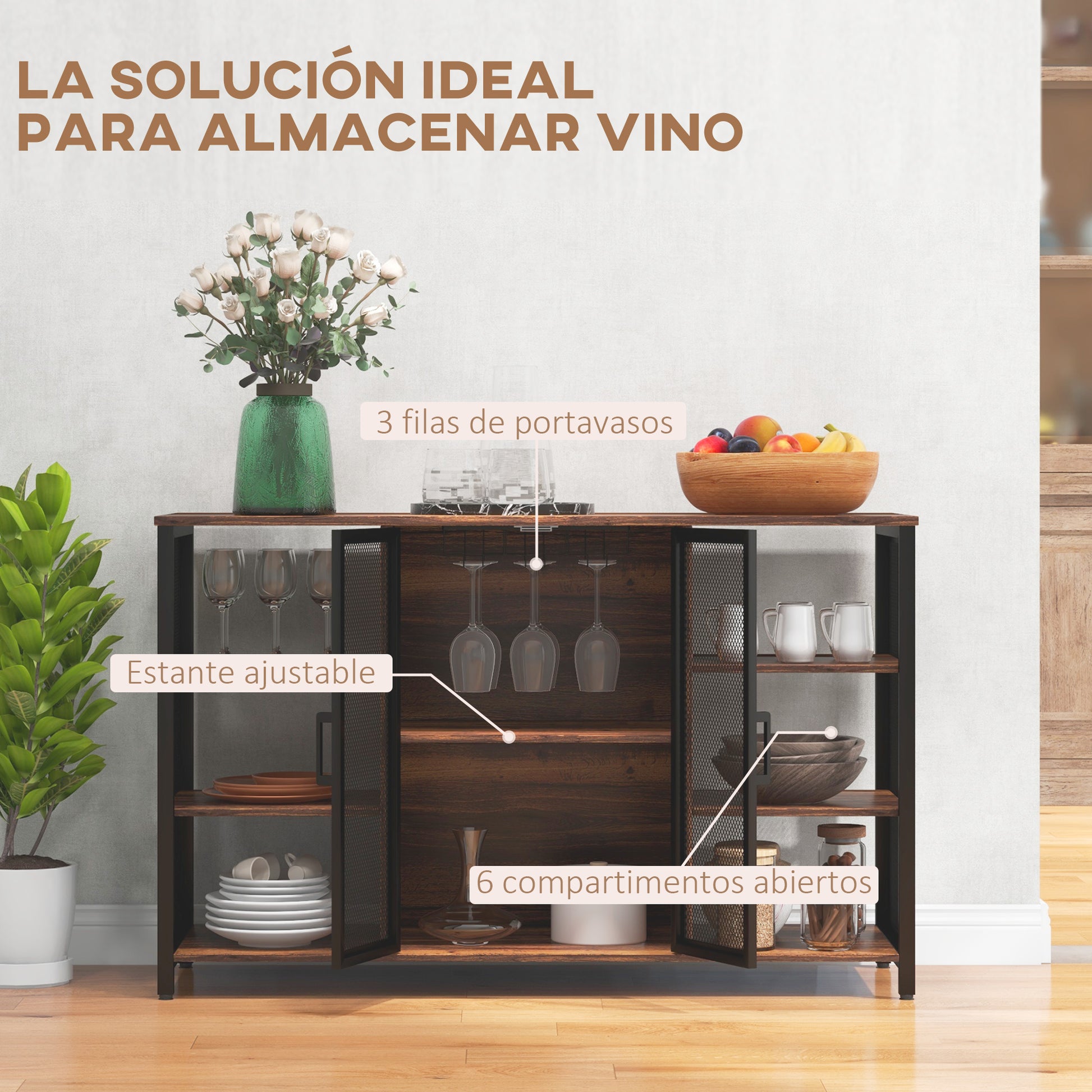 Industrial Kitchen Sideboard Buffet Cabinet with 6 Open Shelves Glass Holder and Adjustable Shelf for Dining Room Bar 120x40x76 cm Rustic Brown