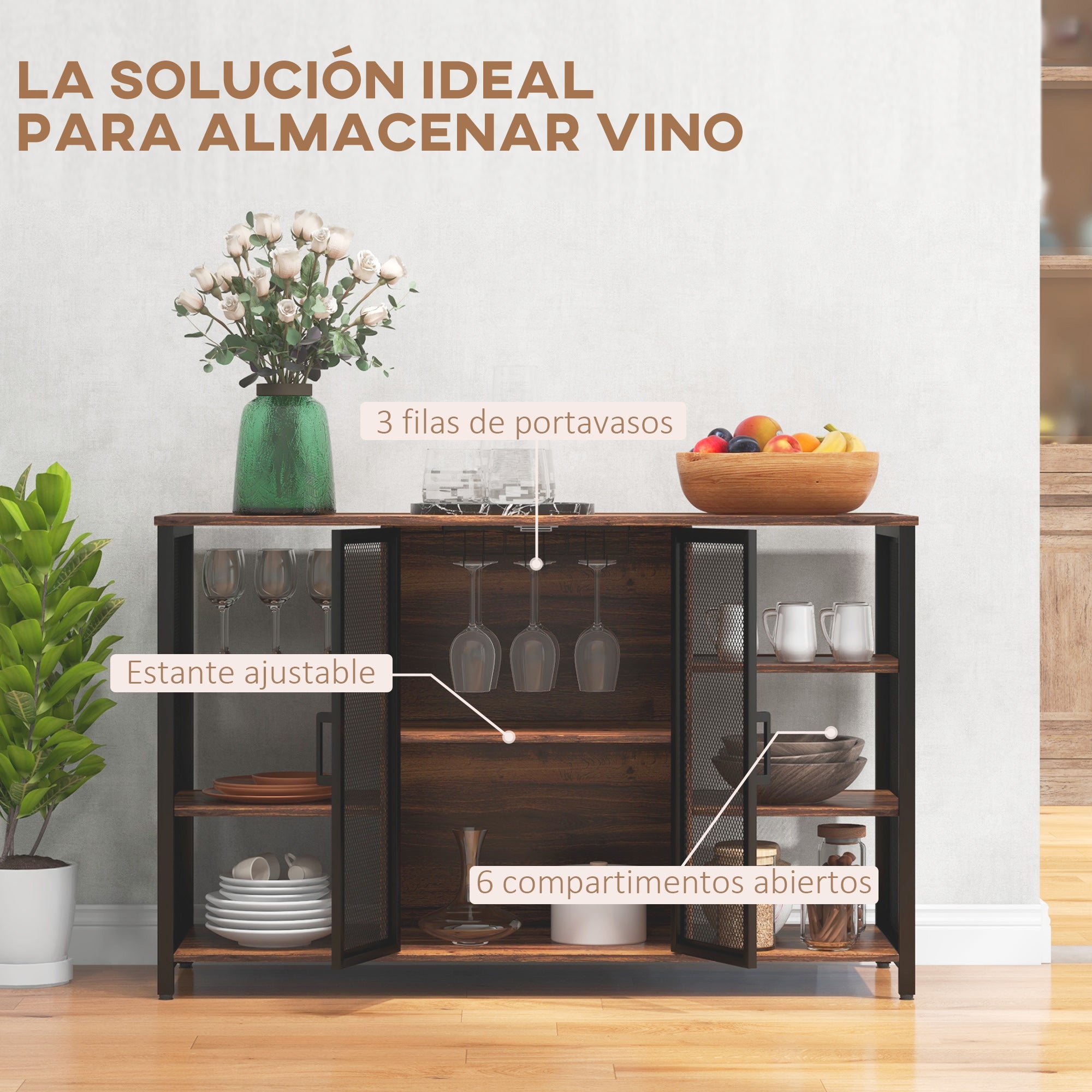 Industrial Kitchen Sideboard Buffet Cabinet with 6 Open Shelves Glass Holder and Adjustable Shelf for Dining Room Bar 120x40x76 cm Rustic Brown