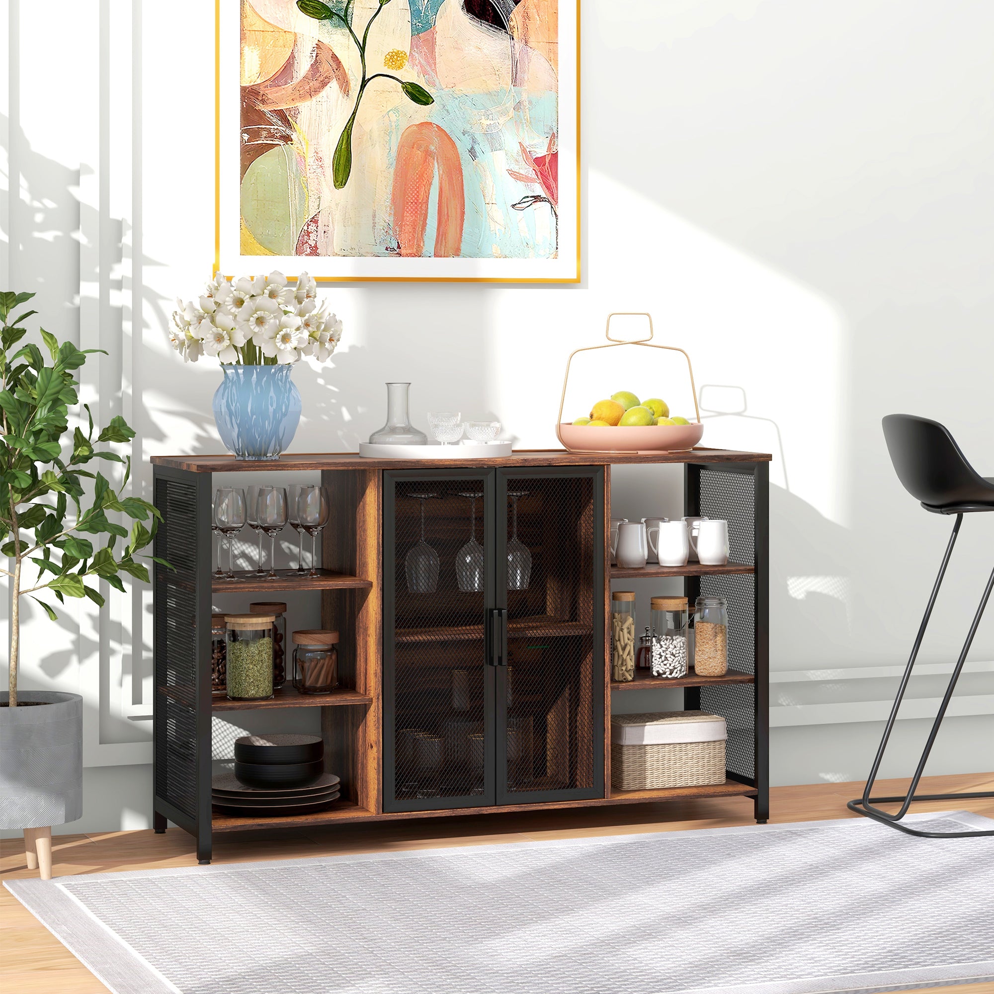Industrial Kitchen Sideboard Buffet Cabinet with 6 Open Shelves Glass Holder and Adjustable Shelf for Dining Room Bar 120x40x76 cm Rustic Brown