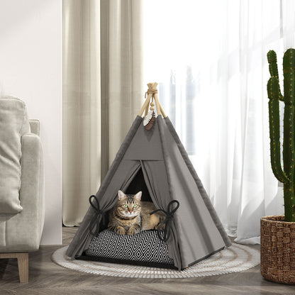 Teepee Tent for Pets, Cat Tent with Removable and Washable Cushion, Cat House with Non-Slip Bottom, Play Ball, for Cats under 5kg, Small Dogs, 60 x 60 x 76 cm, Gray