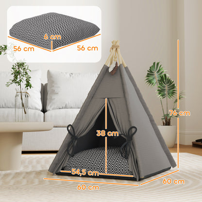 Teepee Tent for Pets, Cat Tent with Removable and Washable Cushion, Cat House with Non-Slip Bottom, Play Ball, for Cats under 5kg, Small Dogs, 60 x 60 x 76 cm, Gray