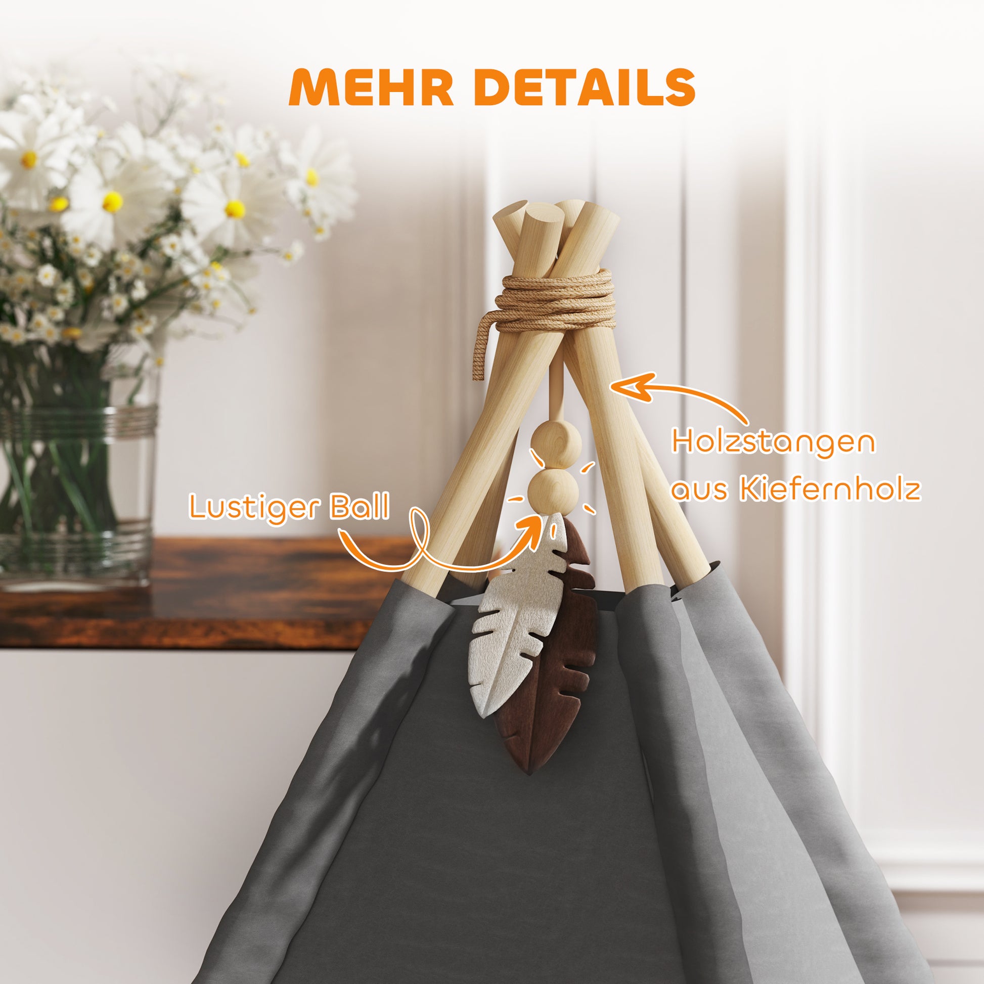 Teepee Tent for Pets, Cat Tent with Removable and Washable Cushion, Cat House with Non-Slip Bottom, Play Ball, for Cats under 5kg, Small Dogs, 60 x 60 x 76 cm, Gray
